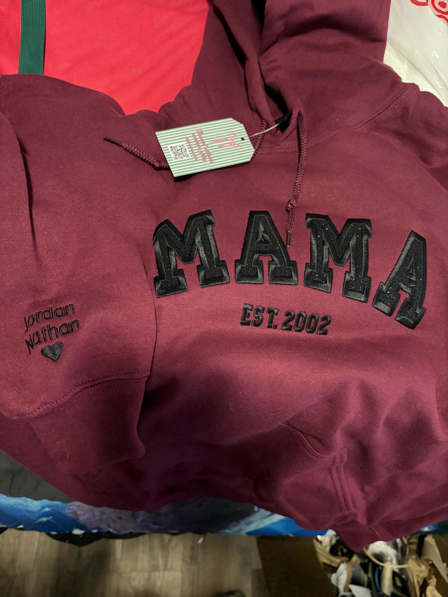 Custom Embroidered Mama Sweatshirt with Kids Names on Sleeve New Mom Hoodie Personalized Gift for Mom Crewneck Pullover