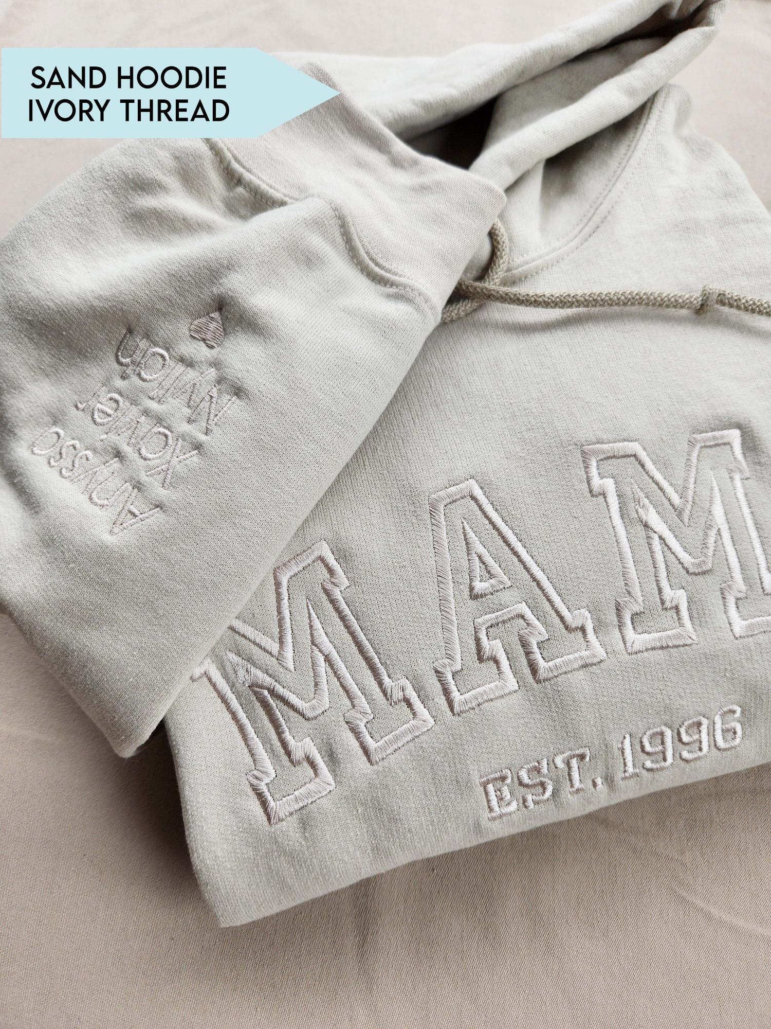 Custom Embroidered Mama Sweatshirt with Kids Names on Sleeve New Mom Hoodie Personalized Gift for Mom Crewneck Pullover