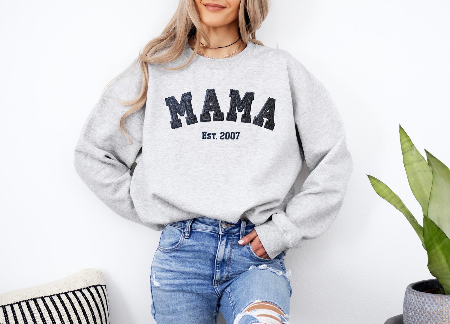 Custom Embroidered Mama Sweatshirt with Kids Names on Sleeve New Mom Hoodie Personalized Gift for Mom Crewneck Pullover
