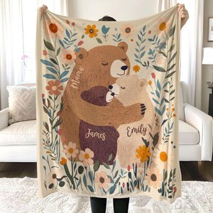Personalized Mama Bear Flower Blanket, Custom Mother's Day Gift for Mom Grandma, Boho Wildflowers Mom Bear Quilt, Cottagecore Flower Gift