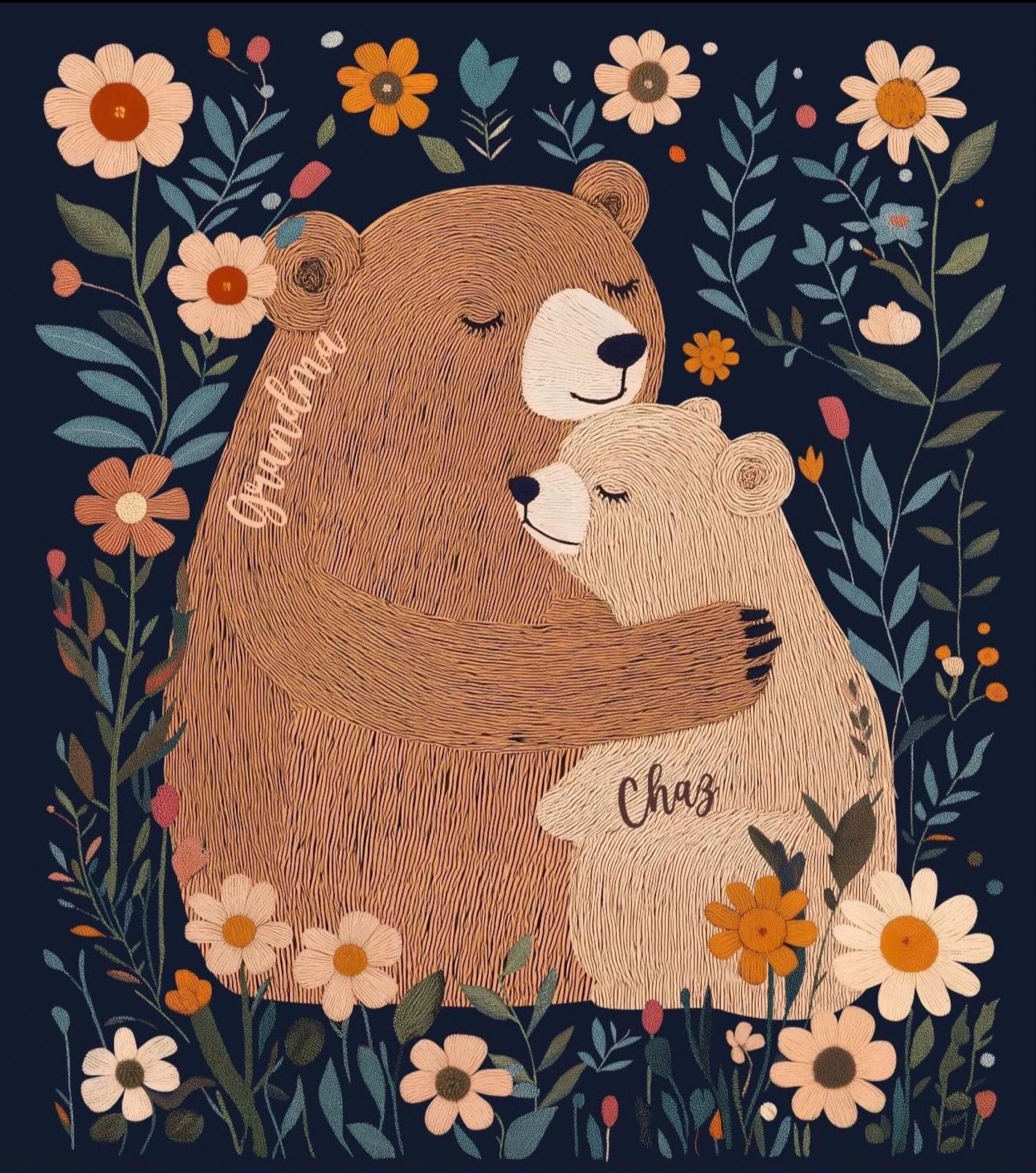 Personalized Mama Bear Flower Blanket, Custom Mother's Day Gift for Mom Grandma, Boho Wildflowers Mom Bear Quilt, Cottagecore Flower Gift