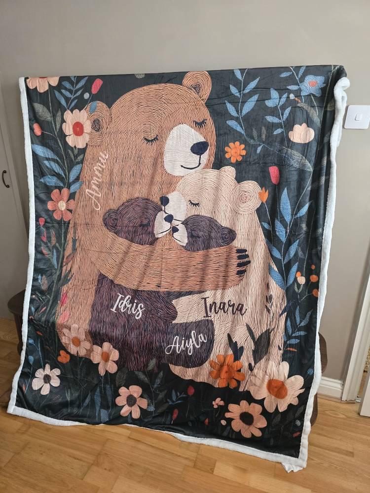 Personalized Mama Bear Flower Blanket, Custom Mother's Day Gift for Mom Grandma, Boho Wildflowers Mom Bear Quilt, Cottagecore Flower Gift