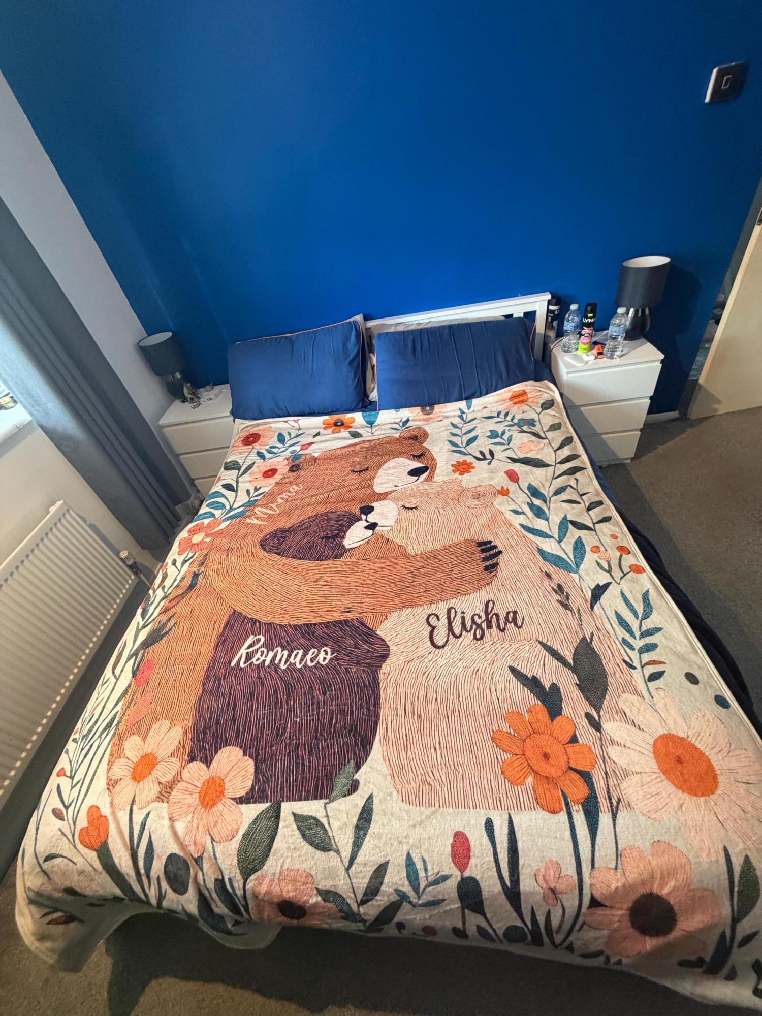 Personalized Mama Bear Flower Blanket, Custom Mother's Day Gift for Mom Grandma, Boho Wildflowers Mom Bear Quilt, Cottagecore Flower Gift