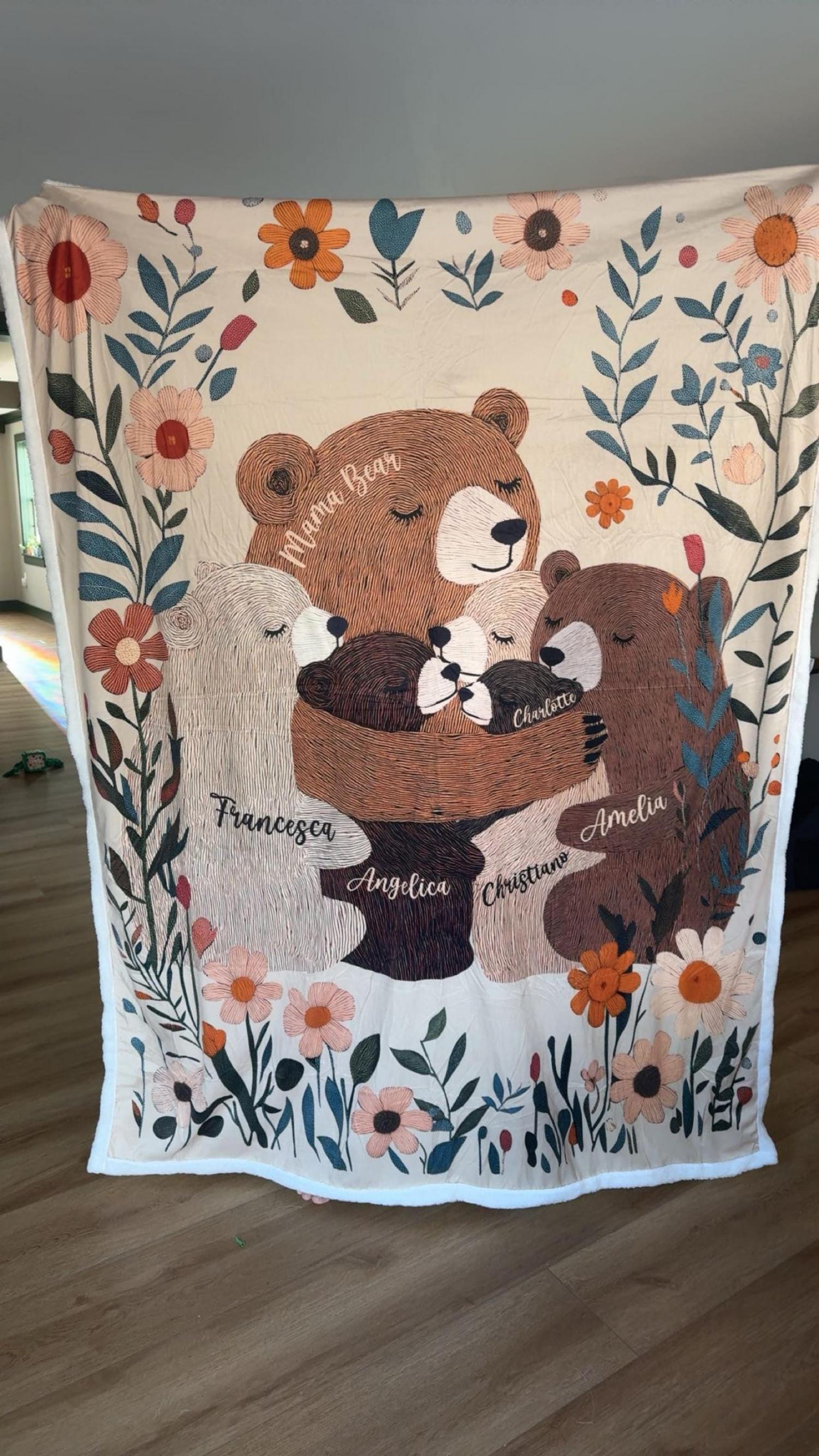 Personalized Mama Bear Flower Blanket, Custom Mother's Day Gift for Mom Grandma, Boho Wildflowers Mom Bear Quilt, Cottagecore Flower Gift