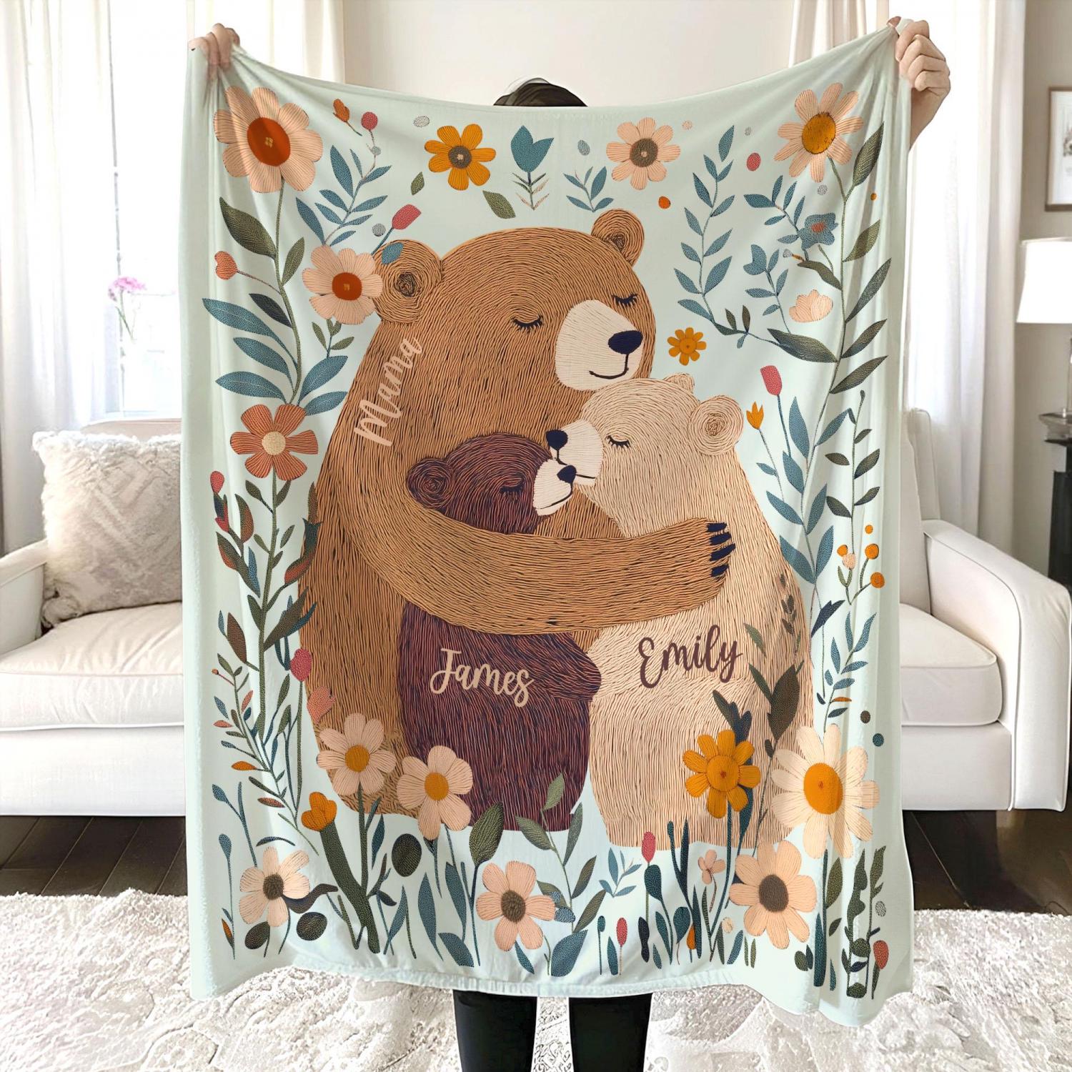 Personalized Mama Bear Flower Blanket, Custom Mother's Day Gift for Mom Grandma, Boho Wildflowers Mom Bear Quilt, Cottagecore Flower Gift