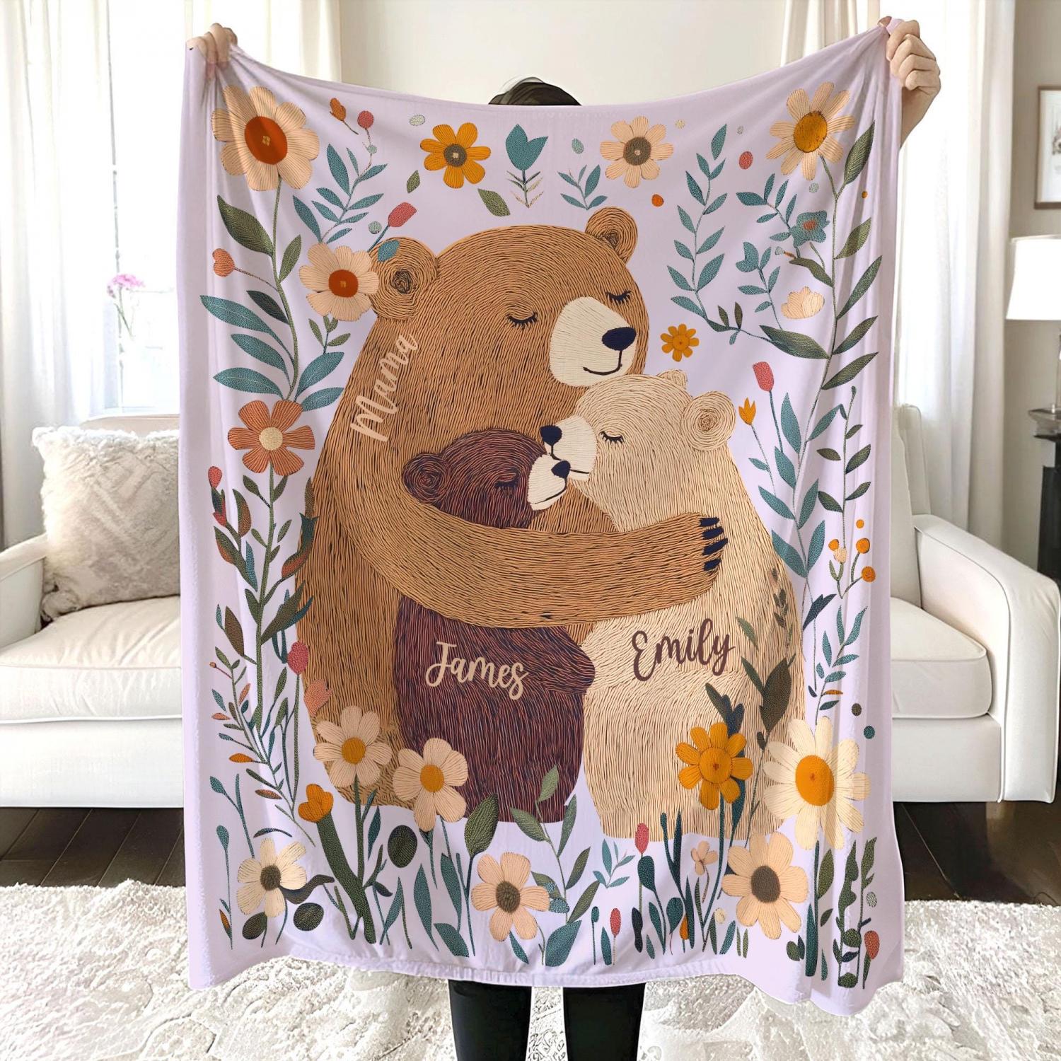 Personalized Mama Bear Flower Blanket, Custom Mother's Day Gift for Mom Grandma, Boho Wildflowers Mom Bear Quilt, Cottagecore Flower Gift