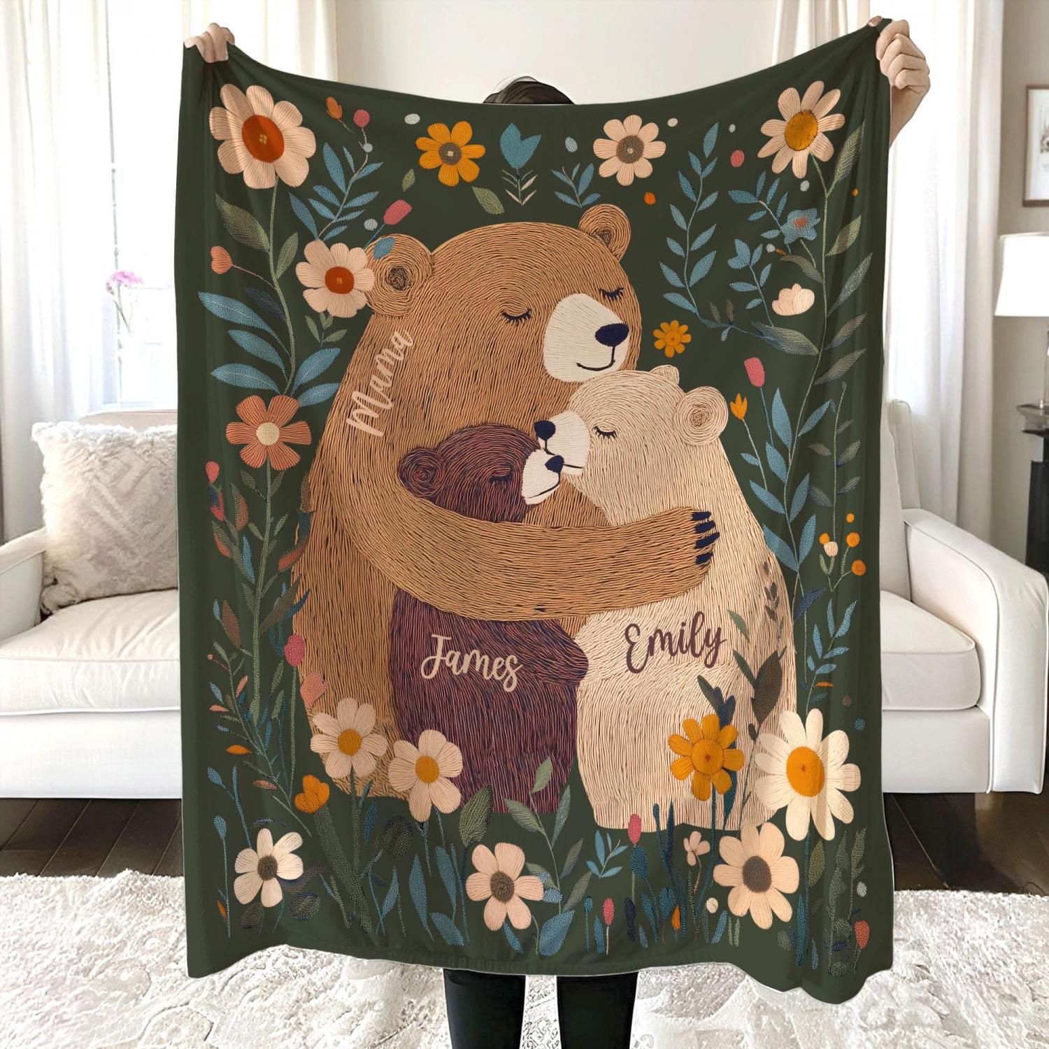Personalized Mama Bear Flower Blanket, Custom Mother's Day Gift for Mom Grandma, Boho Wildflowers Mom Bear Quilt, Cottagecore Flower Gift