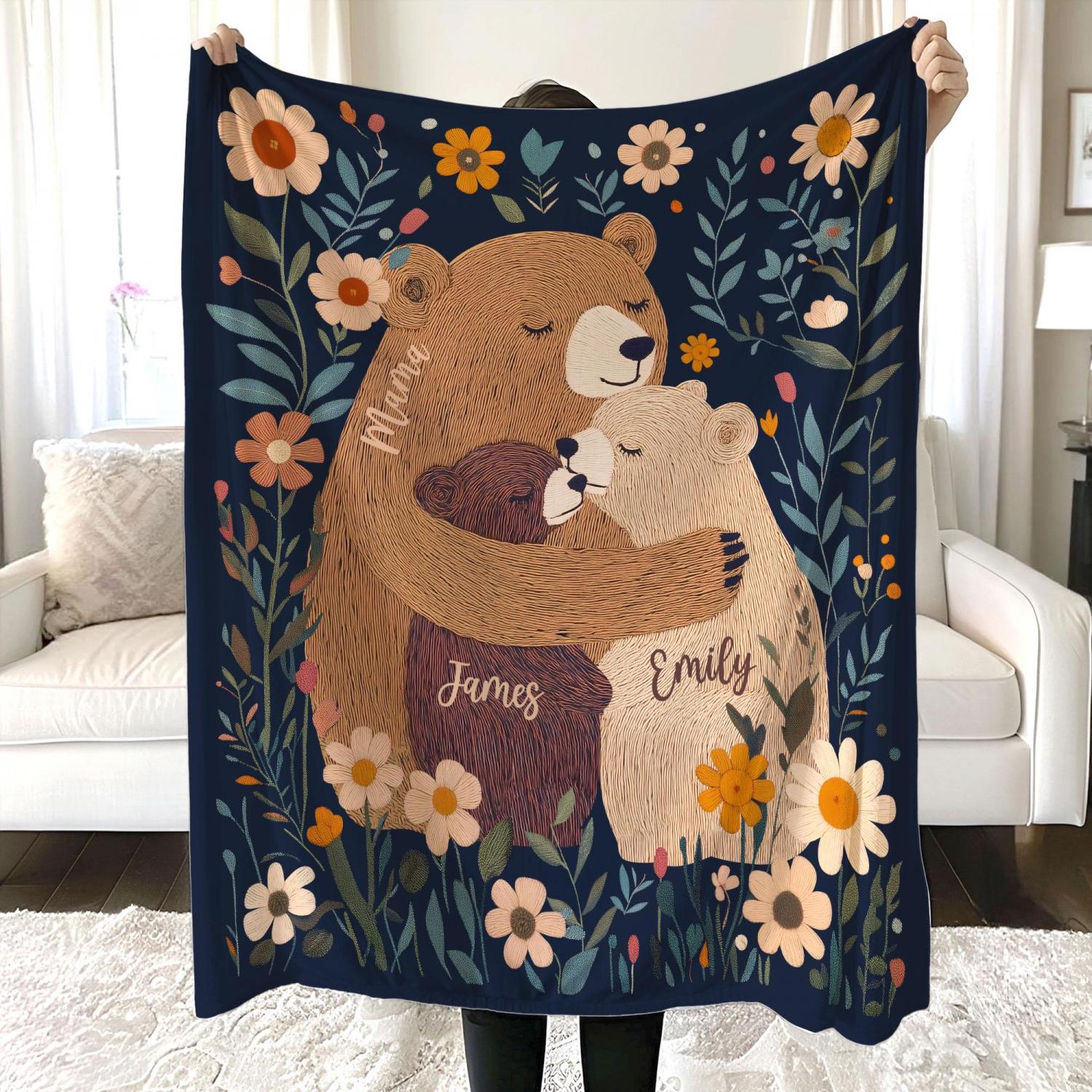 Personalized Mama Bear Flower Blanket, Custom Mother's Day Gift for Mom Grandma, Boho Wildflowers Mom Bear Quilt, Cottagecore Flower Gift