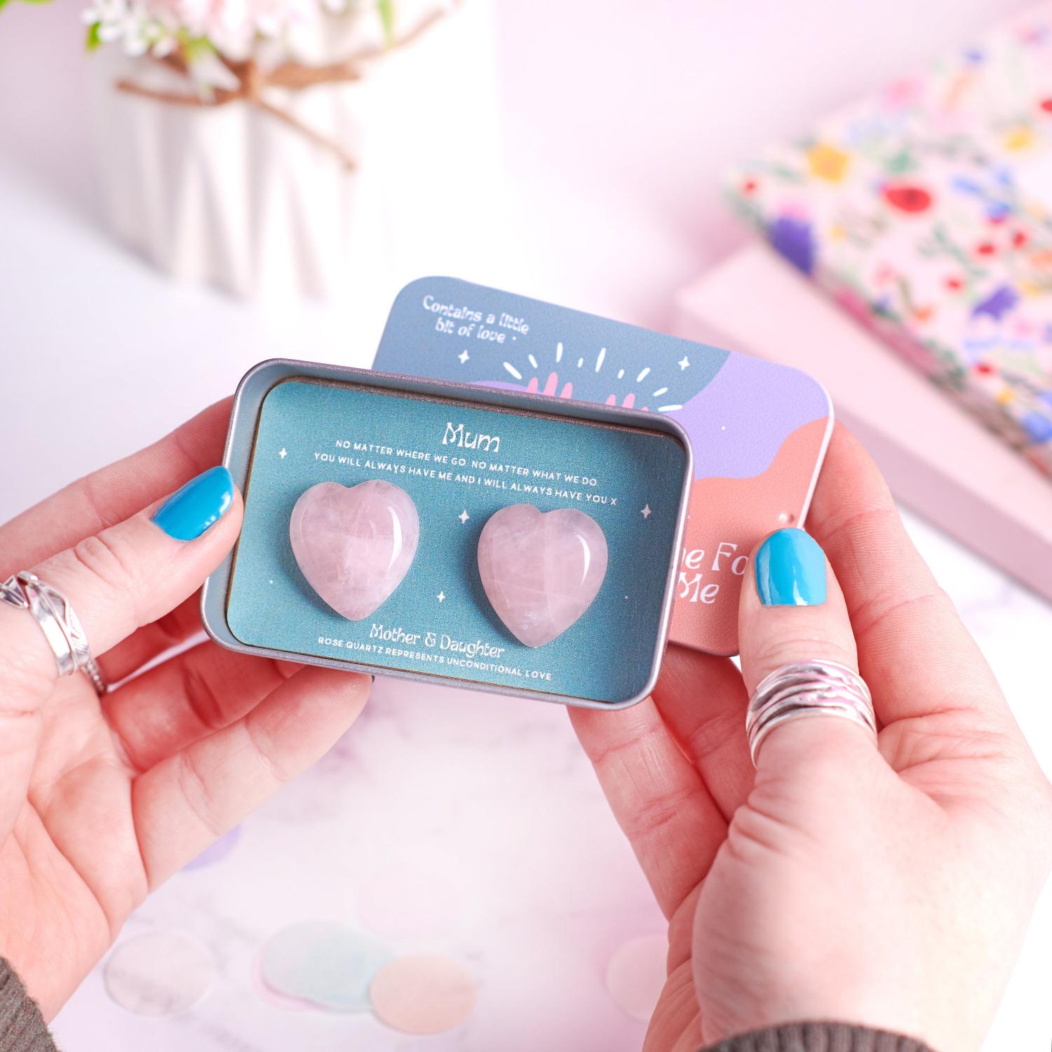 Mother and Daughter Rose Quartz in a Tin - Pocket Love Heart Crystals Gift Set