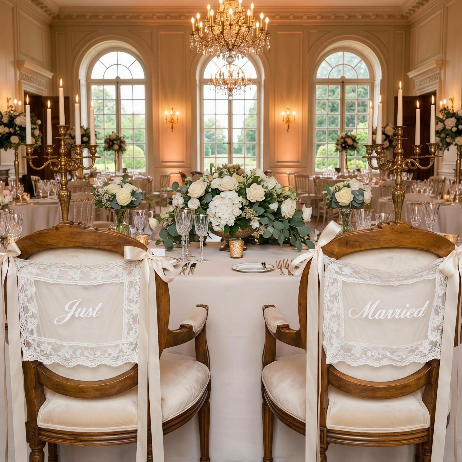 Personalized Lace Just Married Chair Sign for Bride & Groom, Wedding Chair Decor, Sheer Lace Signs, Custom Wedding Chair Banners