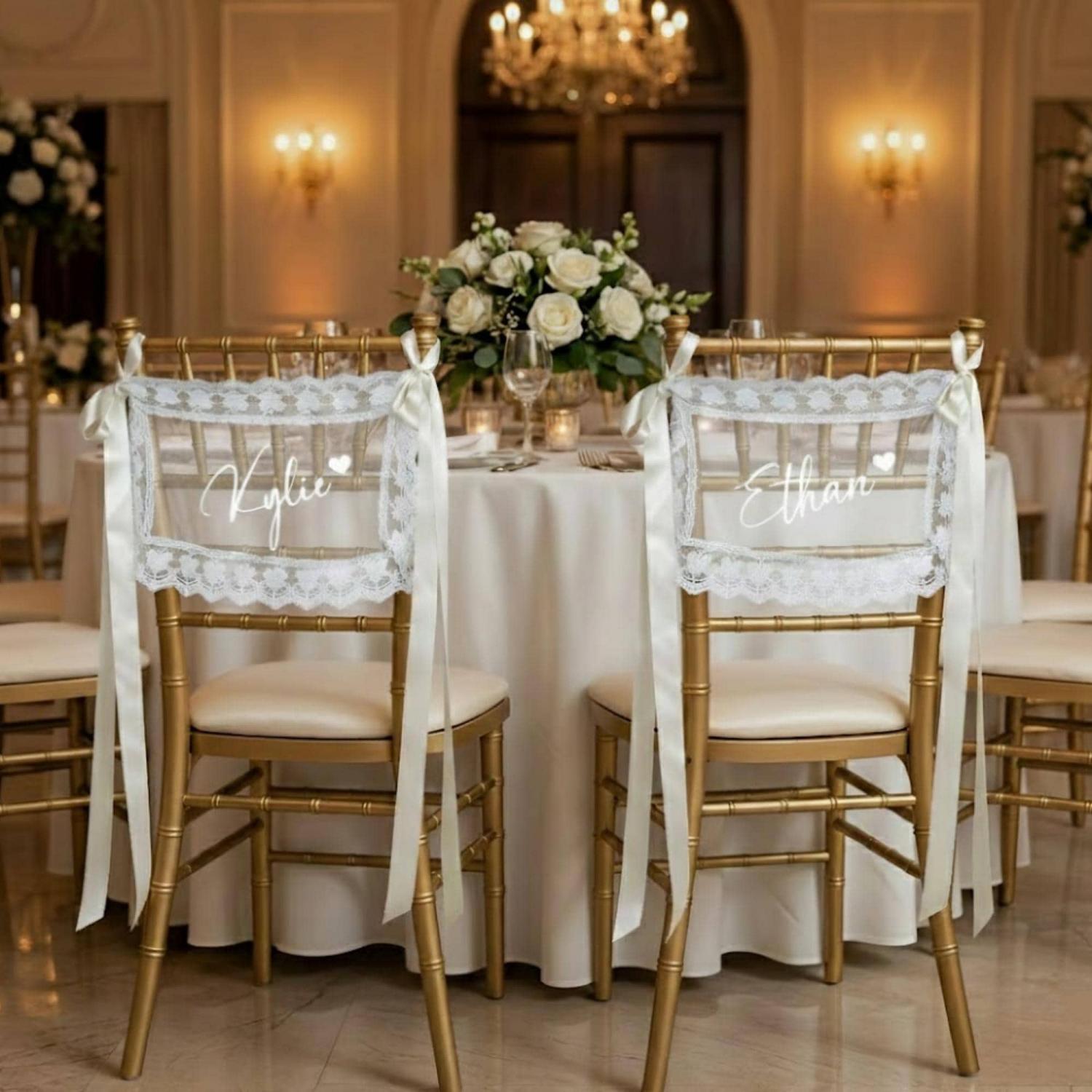 Personalized Lace Just Married Chair Sign for Bride & Groom, Wedding Chair Decor, Sheer Lace Signs, Custom Wedding Chair Banners