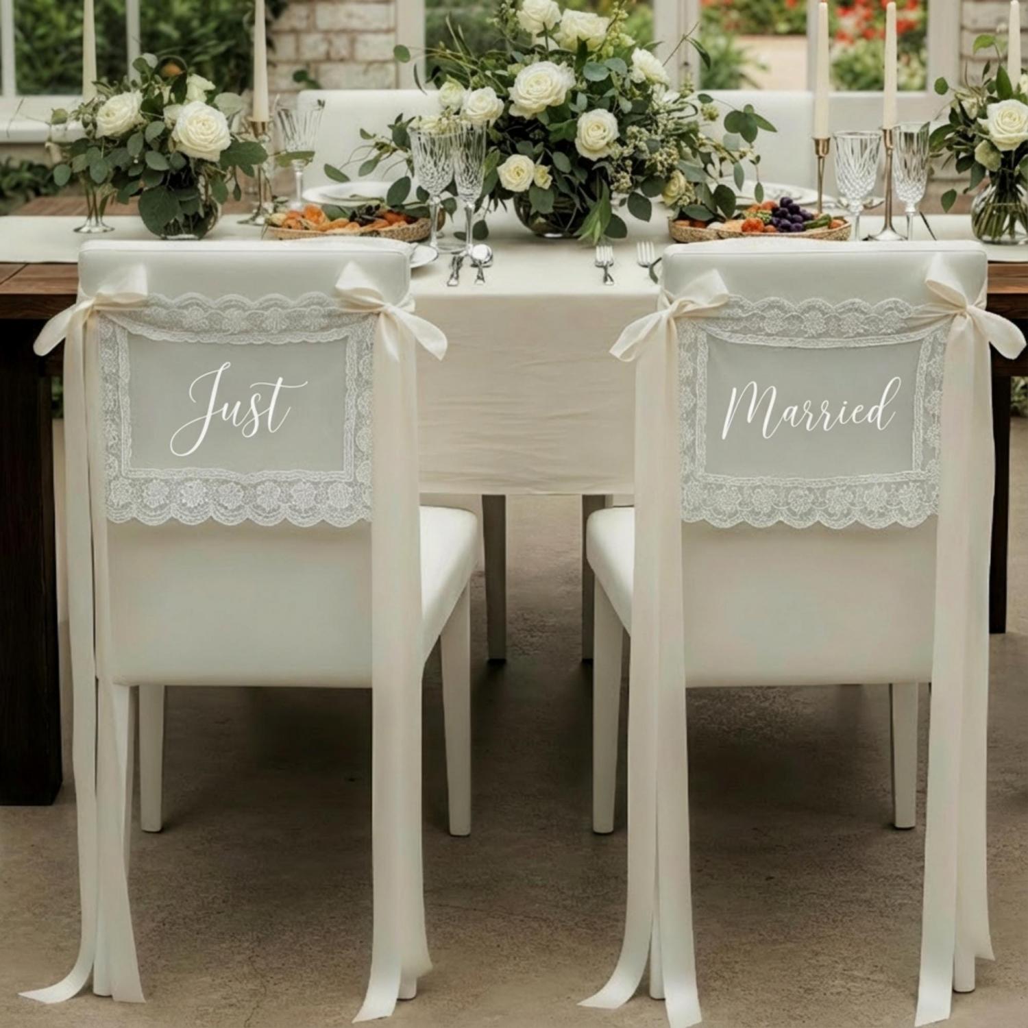 Personalized Lace Just Married Chair Sign for Bride & Groom, Wedding Chair Decor, Sheer Lace Signs, Custom Wedding Chair Banners