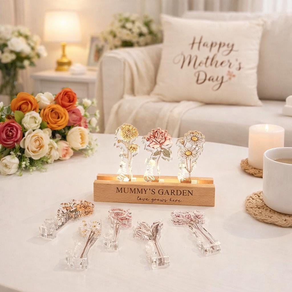 Grandma's Garden Birth Flower Night Light, Custom  Acrylic Night Light with Kids Names, Mother's Day Gift, Family Birth Flower Gifts