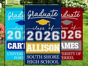 Personalized Graduation Garden Flag w/ Name & School Name - 3 Sizes - Outdoor Graduation Decoration 2026 - Class of 2026 Yard Sign