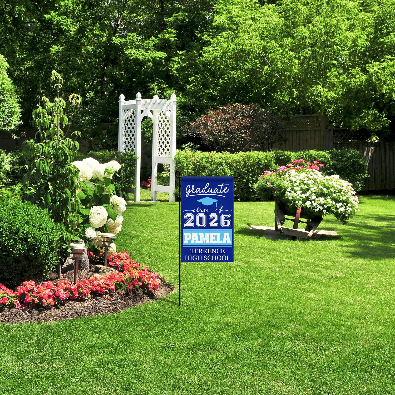 Personalized Graduation Garden Flag w/ Name & School Name - 3 Sizes - Outdoor Graduation Decoration 2026 - Class of 2026 Yard Sign