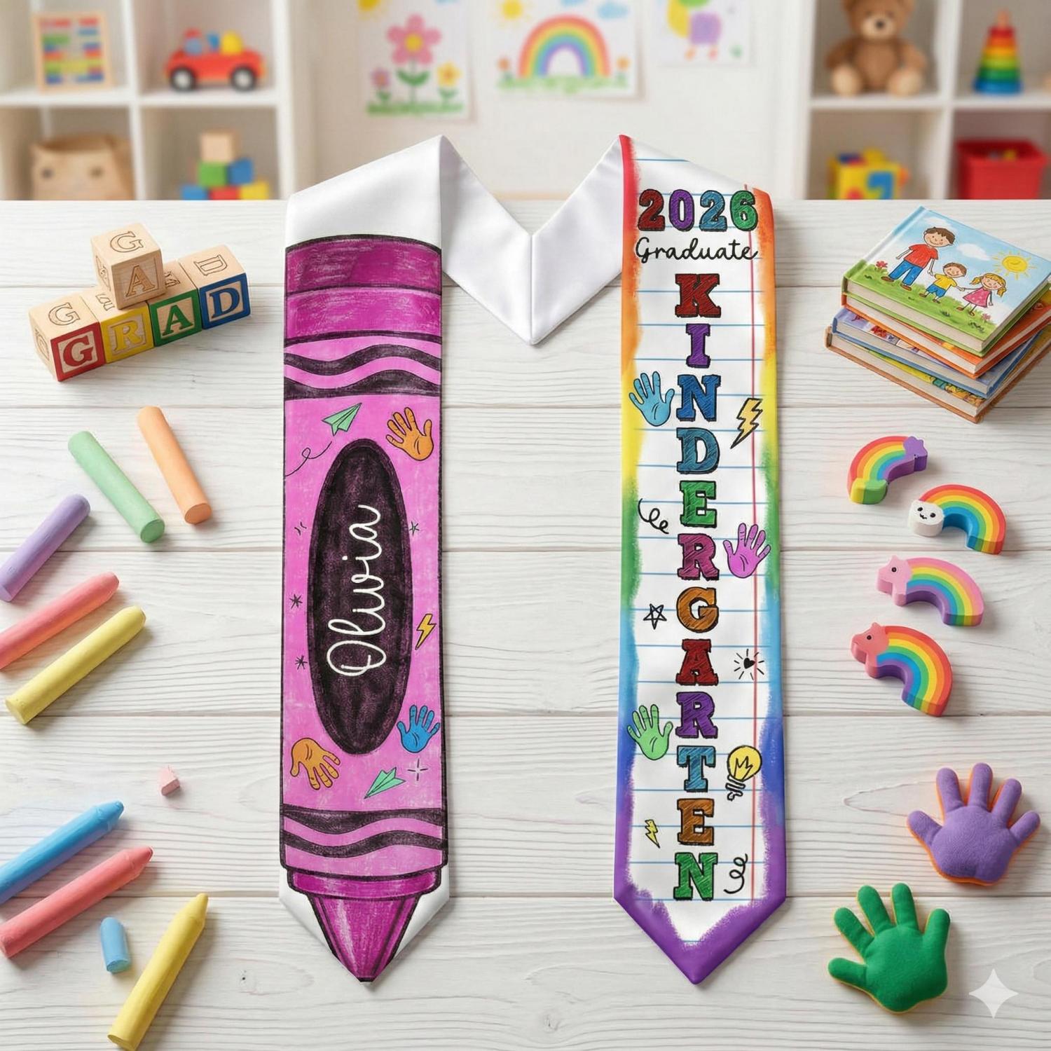 Kid Pencil Graduation Stole, Custom Name Crayon Pre K Grad Sash, Kindergarten Class Of 2026 Boy Girl, Personalized Graduation Gift for Son