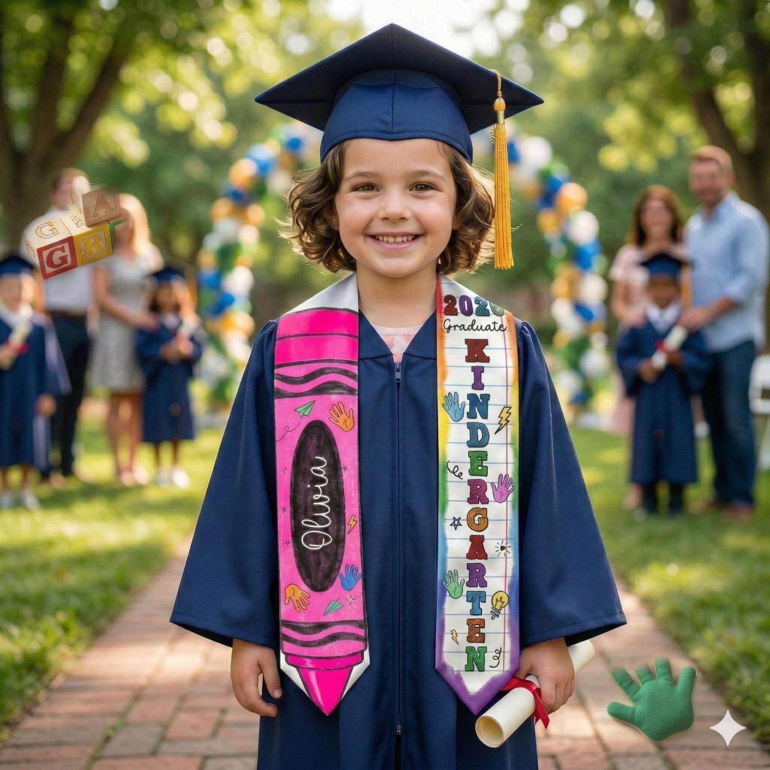 Kid Pencil Graduation Stole, Custom Name Crayon Pre K Grad Sash, Kindergarten Class Of 2026 Boy Girl, Personalized Graduation Gift for Son