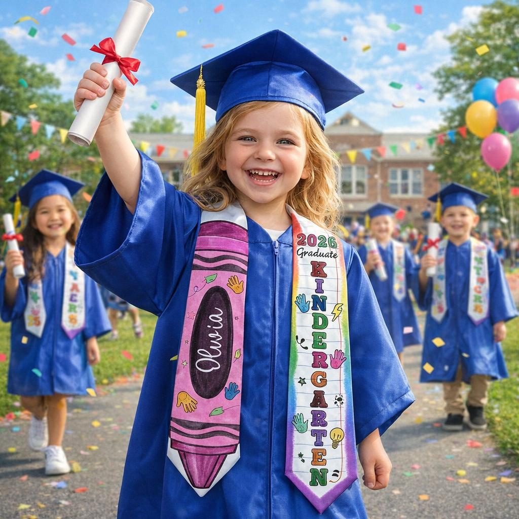 Kid Pencil Graduation Stole, Custom Name Crayon Pre K Grad Sash, Kindergarten Class Of 2026 Boy Girl, Personalized Graduation Gift for Son