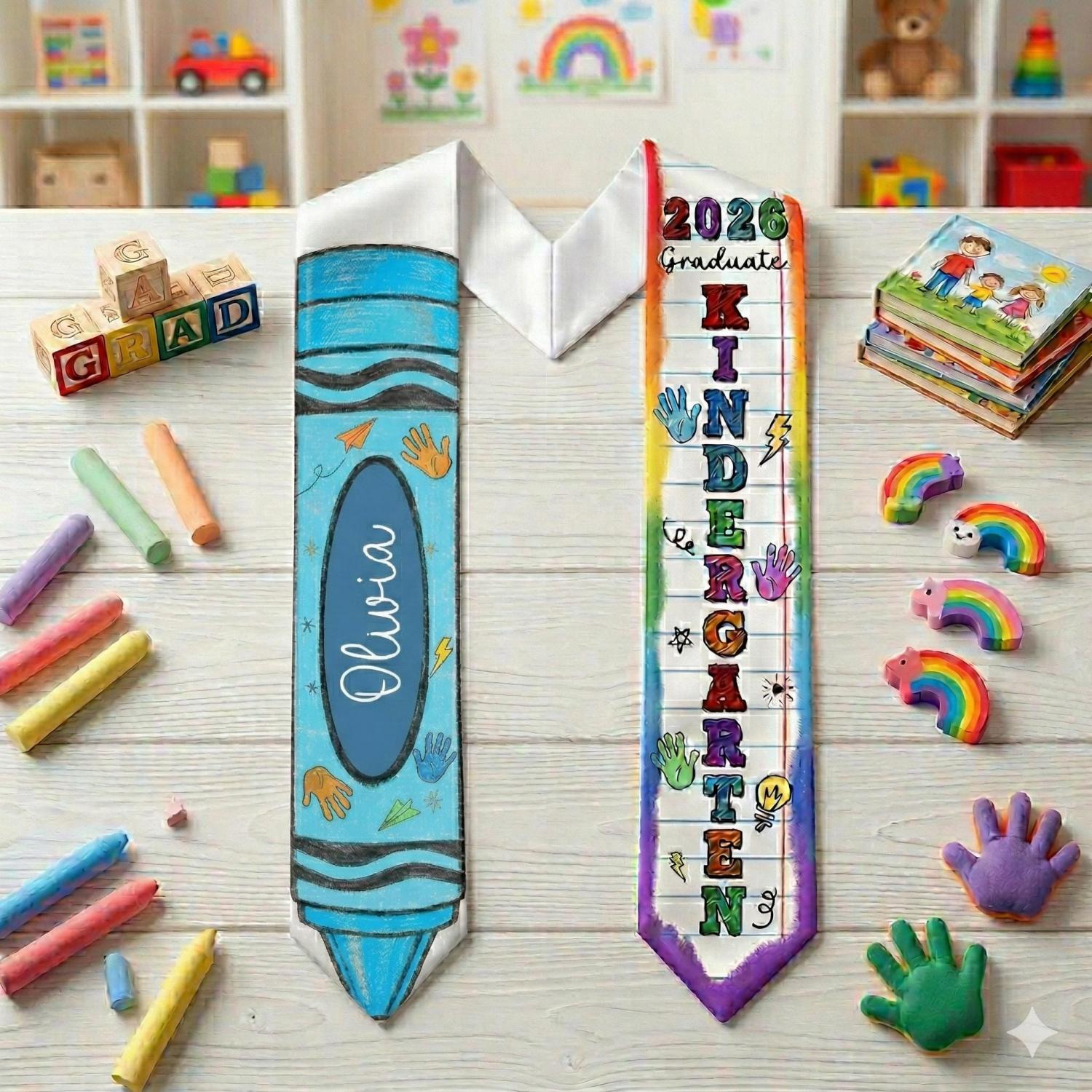 Kid Pencil Graduation Stole, Custom Name Crayon Pre K Grad Sash, Kindergarten Class Of 2026 Boy Girl, Personalized Graduation Gift for Son