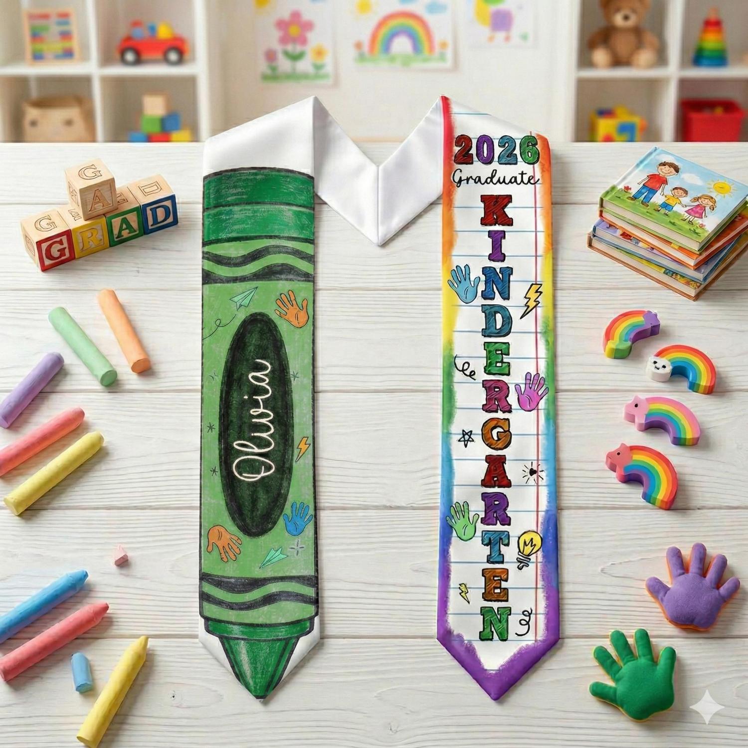 Kid Pencil Graduation Stole, Custom Name Crayon Pre K Grad Sash, Kindergarten Class Of 2026 Boy Girl, Personalized Graduation Gift for Son
