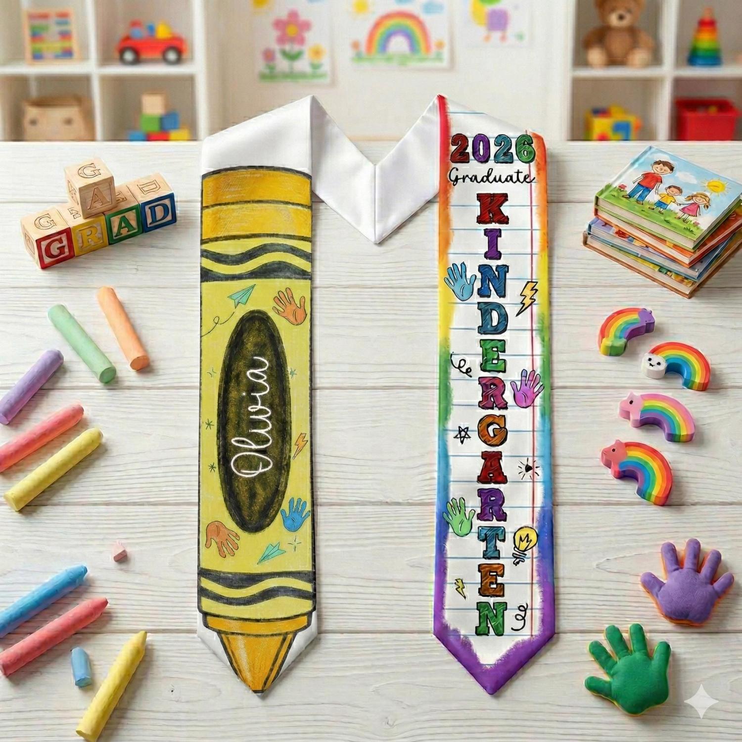 Kid Pencil Graduation Stole, Custom Name Crayon Pre K Grad Sash, Kindergarten Class Of 2026 Boy Girl, Personalized Graduation Gift for Son