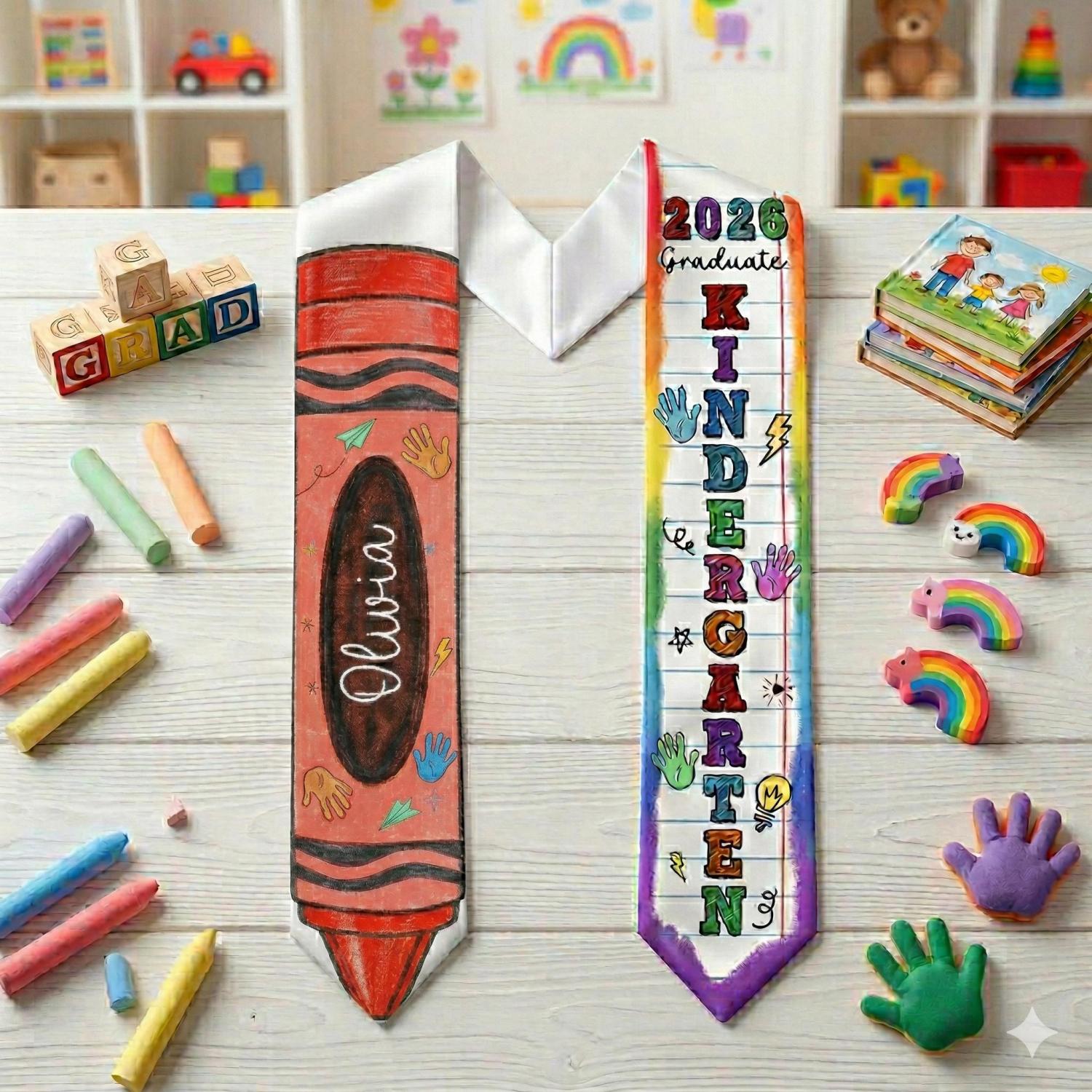 Kid Pencil Graduation Stole, Custom Name Crayon Pre K Grad Sash, Kindergarten Class Of 2026 Boy Girl, Personalized Graduation Gift for Son