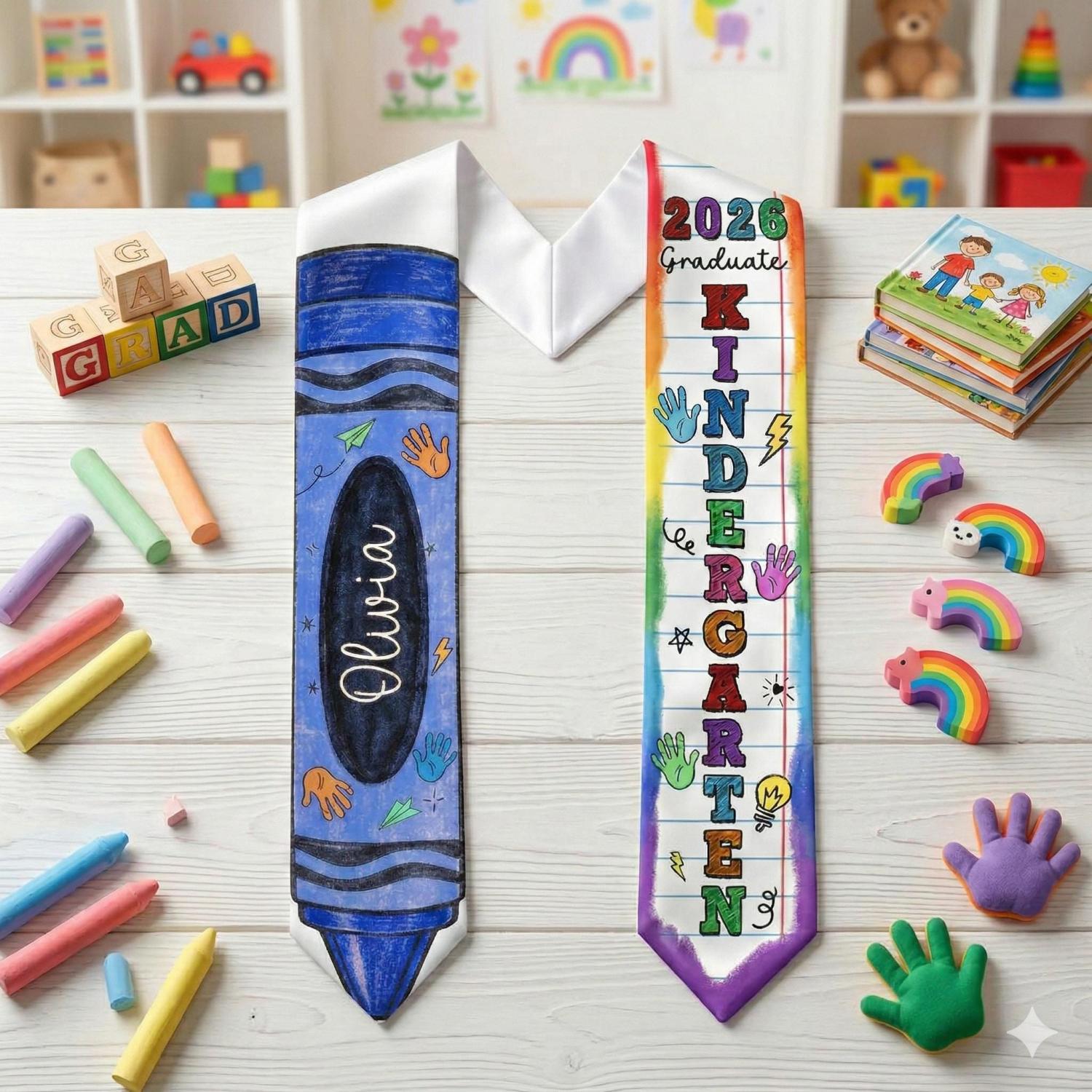Kid Pencil Graduation Stole, Custom Name Crayon Pre K Grad Sash, Kindergarten Class Of 2026 Boy Girl, Personalized Graduation Gift for Son