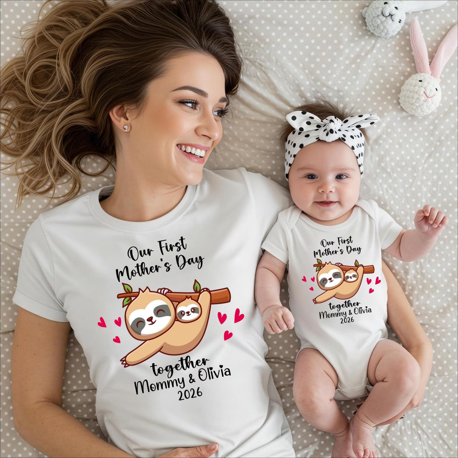 Personalized First Mother's Day Shirt, Mom Baby Tee, Mama Daughter Shirt, 1st Mother's Day Sweater, Funny Sloth 1st Mother's Day T-shirt