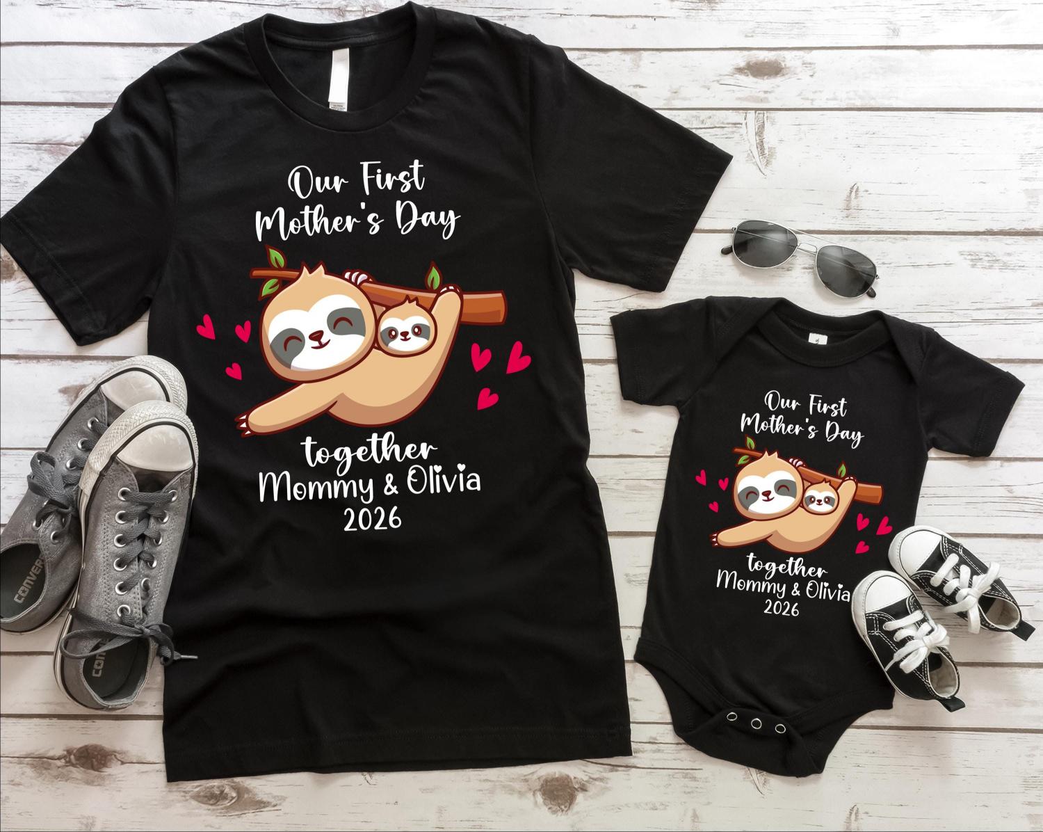 Personalized First Mother's Day Shirt, Mom Baby Tee, Mama Daughter Shirt, 1st Mother's Day Sweater, Funny Sloth 1st Mother's Day T-shirt
