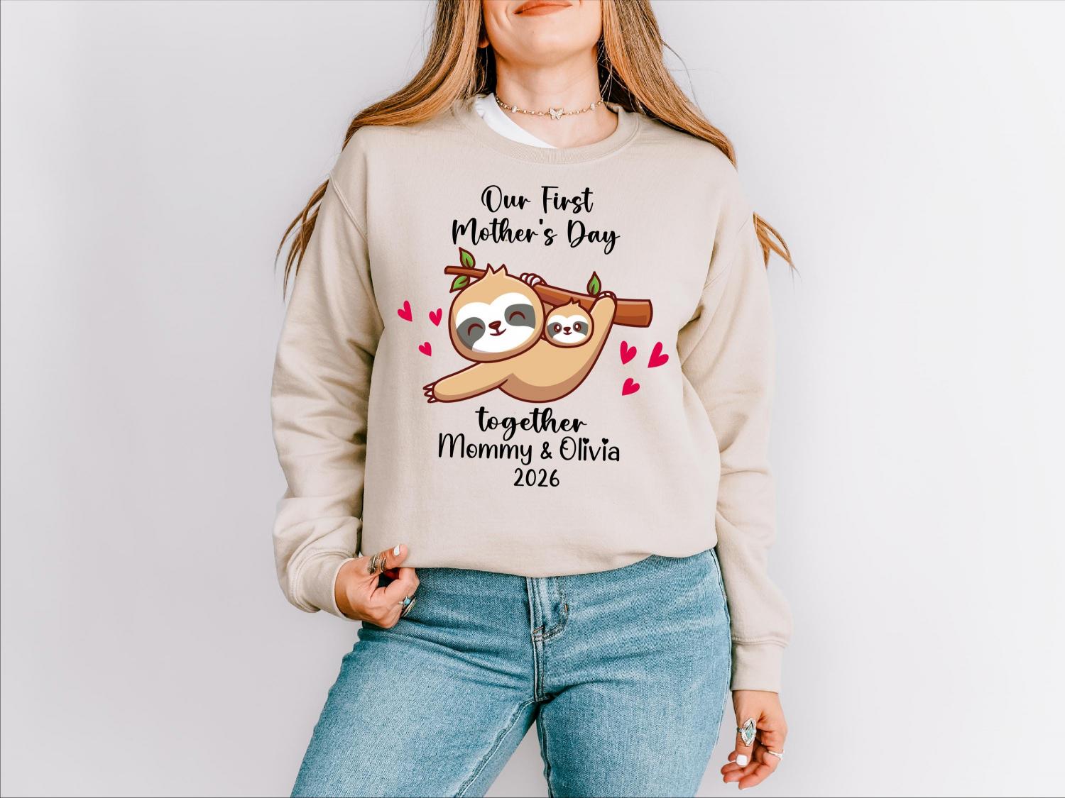 Personalized First Mother's Day Shirt, Mom Baby Tee, Mama Daughter Shirt, 1st Mother's Day Sweater, Funny Sloth 1st Mother's Day T-shirt