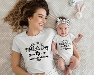 Personalised Matching Our First Mothers Day Shirt, 1st Mother Day Tee and Baby Bodysuit, Custom Mothers Day Gift, Couple New Mom