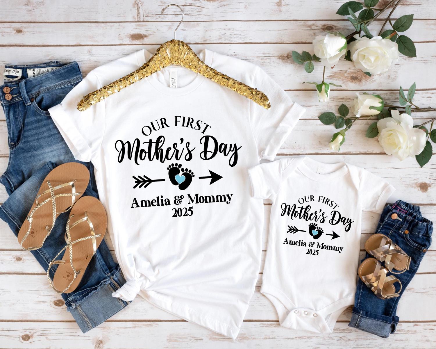 Personalised Matching Our First Mothers Day Shirt, 1st Mother Day Tee and Baby Bodysuit, Custom Mothers Day Gift, Couple New Mom