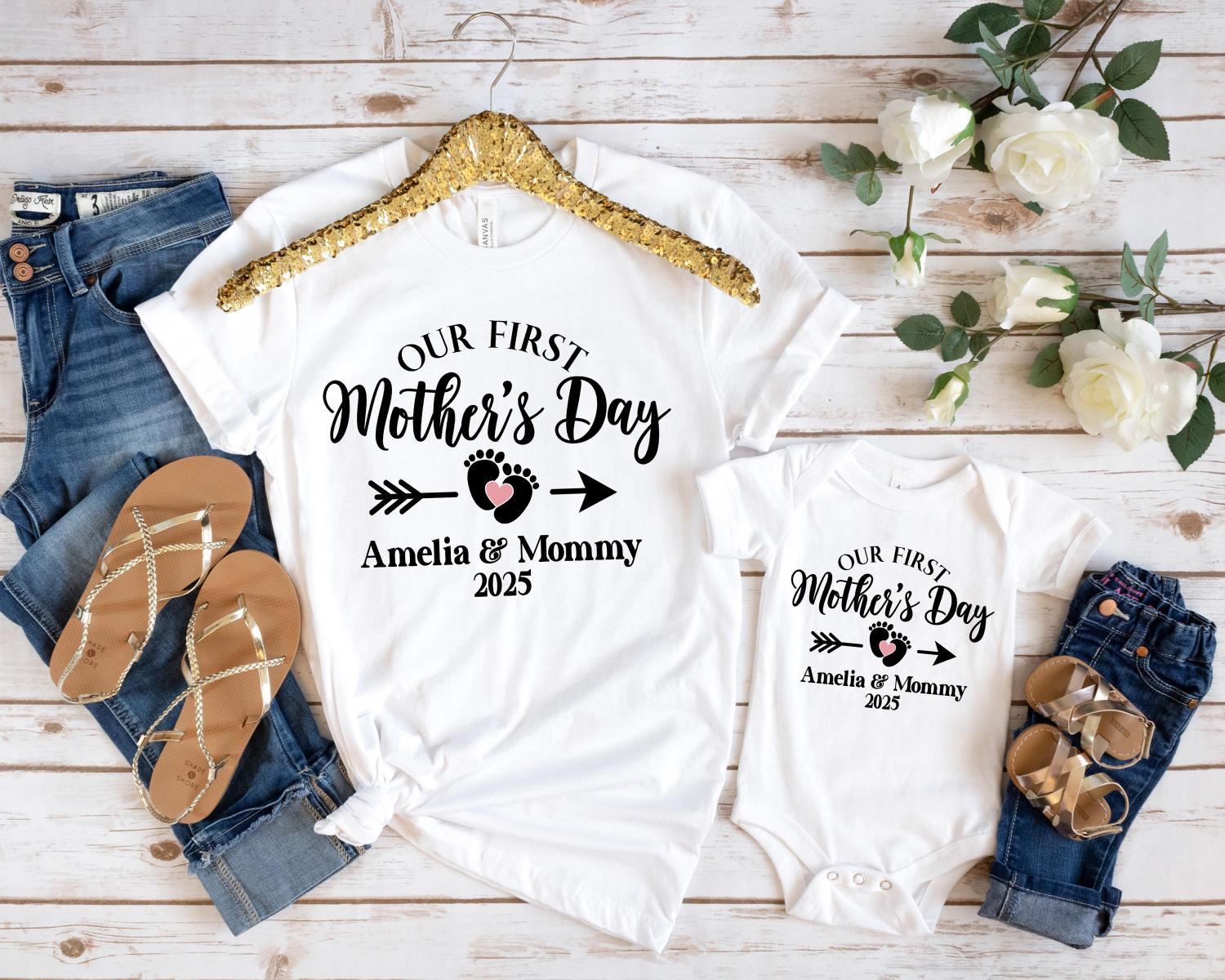 Personalised Matching Our First Mothers Day Shirt, 1st Mother Day Tee and Baby Bodysuit, Custom Mothers Day Gift, Couple New Mom