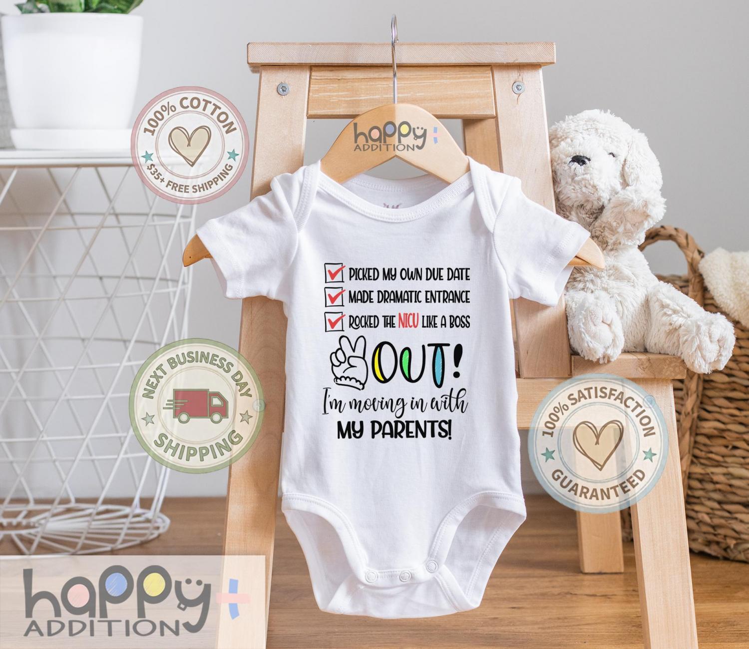 Picked My Own Due Date Going Home Outfit, NICU Graduate Baby Bodysuit:  Peace Out NICU, Newborn Hospital Discharge Gift Onesie® Brand