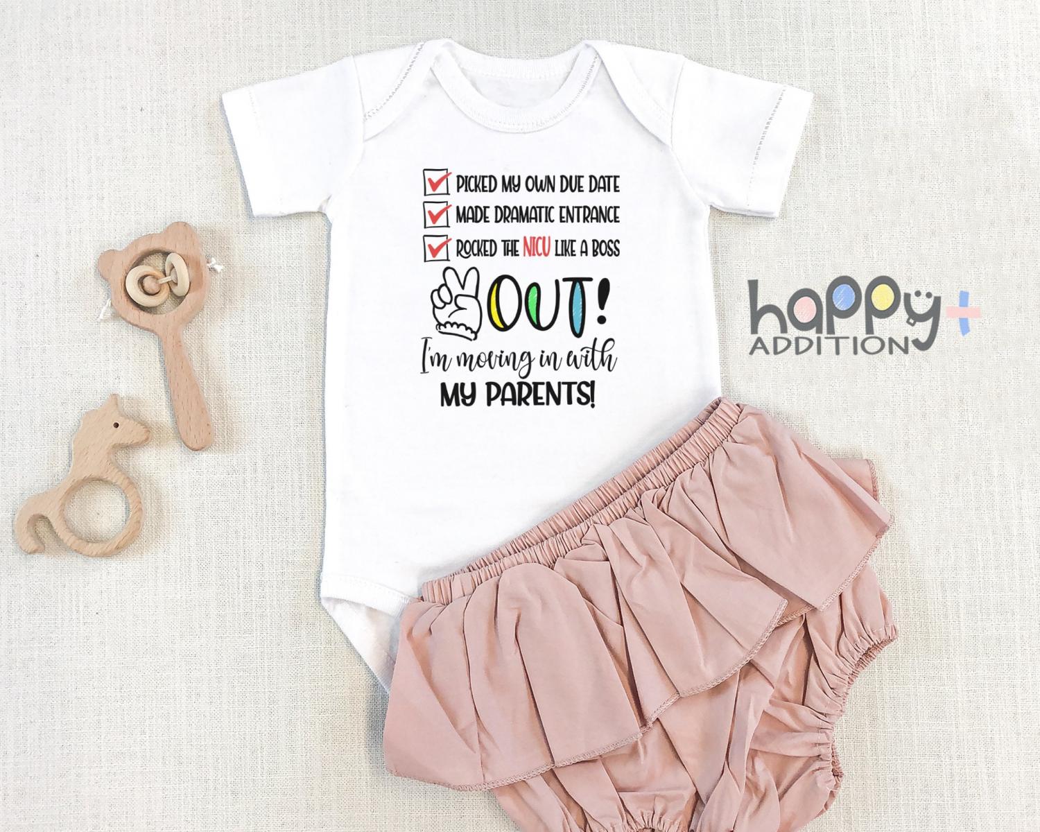 Picked My Own Due Date Going Home Outfit, NICU Graduate Baby Bodysuit:  Peace Out NICU, Newborn Hospital Discharge Gift Onesie® Brand