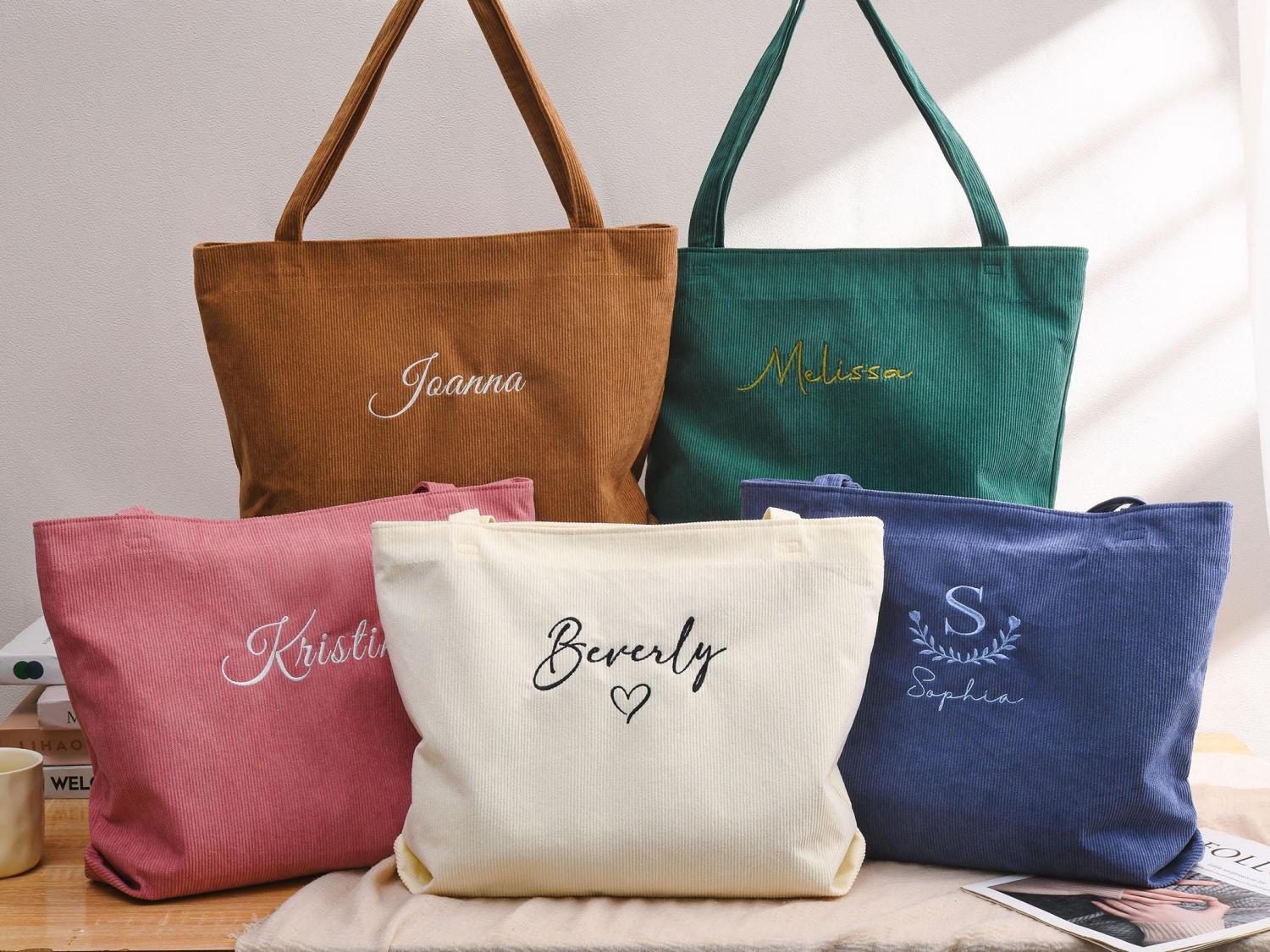 Personalized Bridesmaid gift bag, Bridesmaid Tote bag, Corduroy Tote Bag, Tote Bag with Zipper, Name Bag, Monogram Bag, Wedding Party Gifts