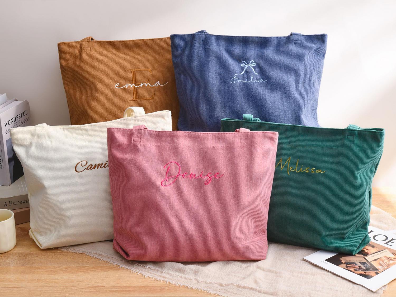 Personalized Bridesmaid gift bag, Bridesmaid Tote bag, Corduroy Tote Bag, Tote Bag with Zipper, Name Bag, Monogram Bag, Wedding Party Gifts