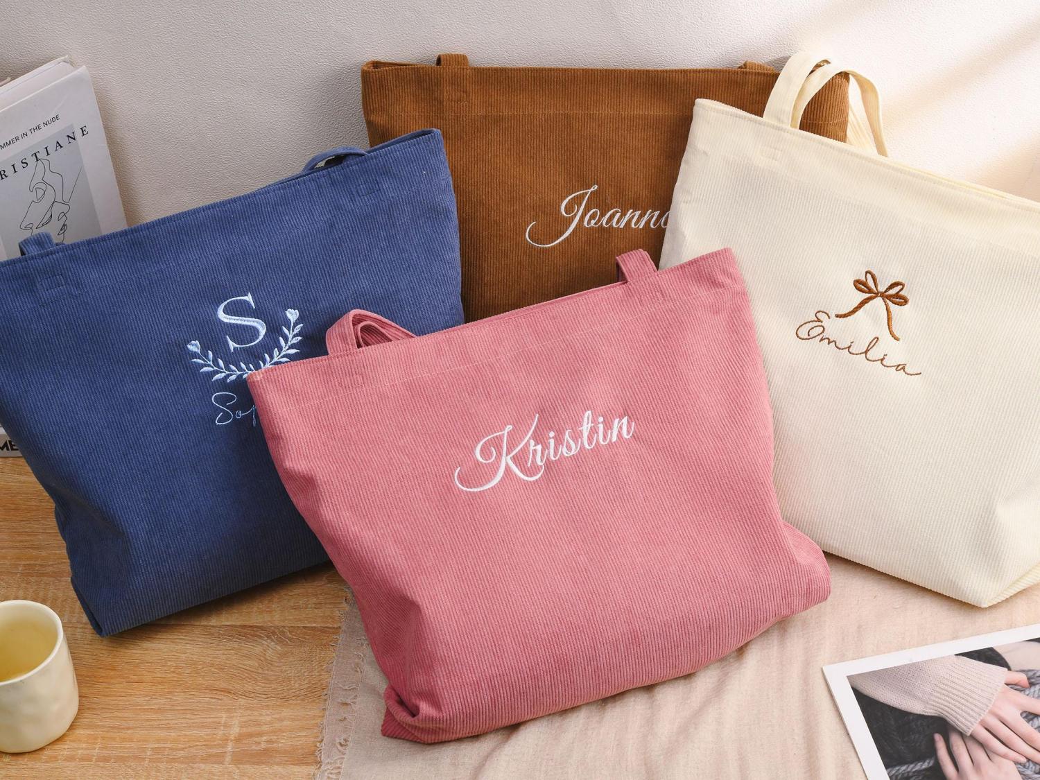 Personalized Bridesmaid gift bag, Bridesmaid Tote bag, Corduroy Tote Bag, Tote Bag with Zipper, Name Bag, Monogram Bag, Wedding Party Gifts