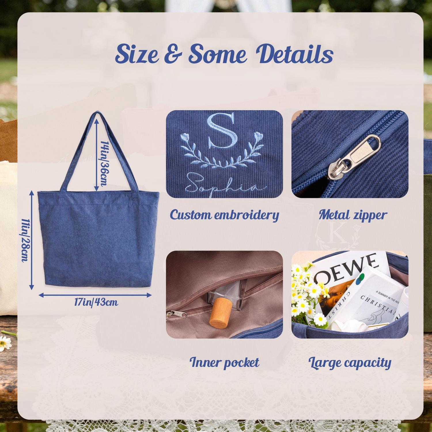 Personalized Bridesmaid gift bag, Bridesmaid Tote bag, Corduroy Tote Bag, Tote Bag with Zipper, Name Bag, Monogram Bag, Wedding Party Gifts