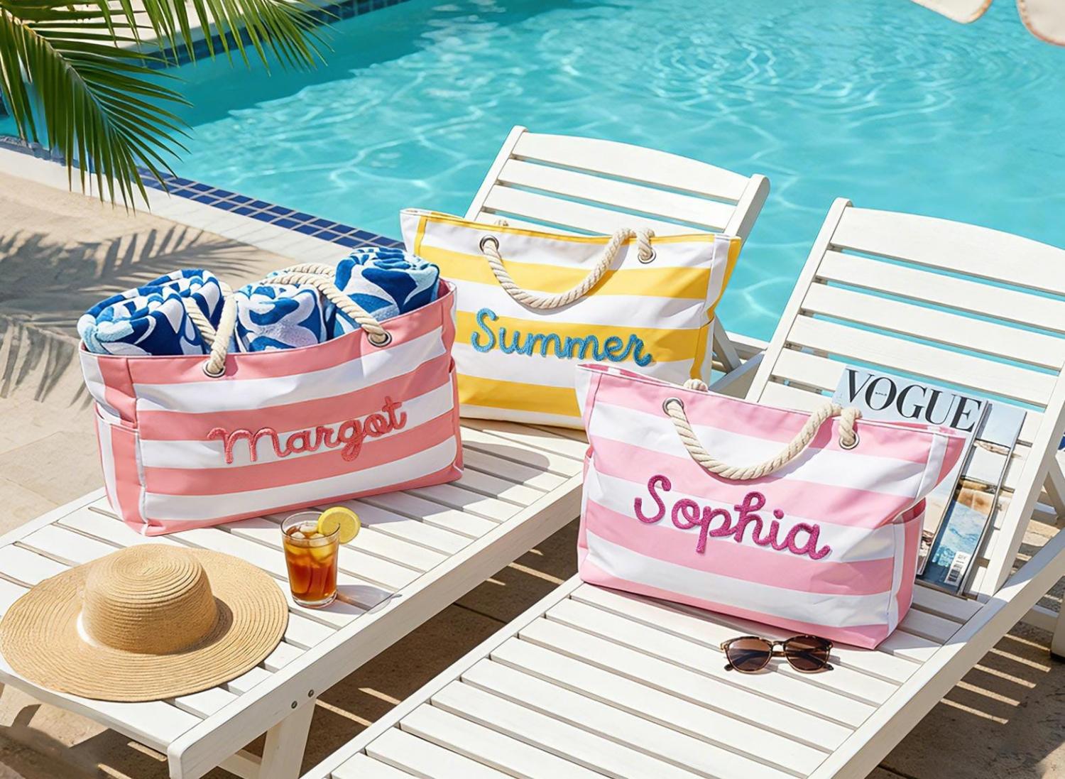Personalized Beach Tote Bag with Zipper, Custom Large Pool Bag for Towels, Bridesmaid Proposal Gift, Bachelorette Girls Trip Favor