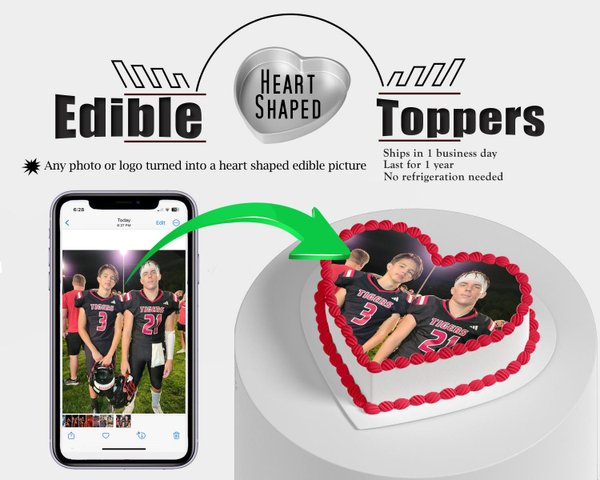 Custom Edible heart shaped photo cake pictures on frosting or burnable wafer paper. Print my graduation, wedding, birthday images sugar