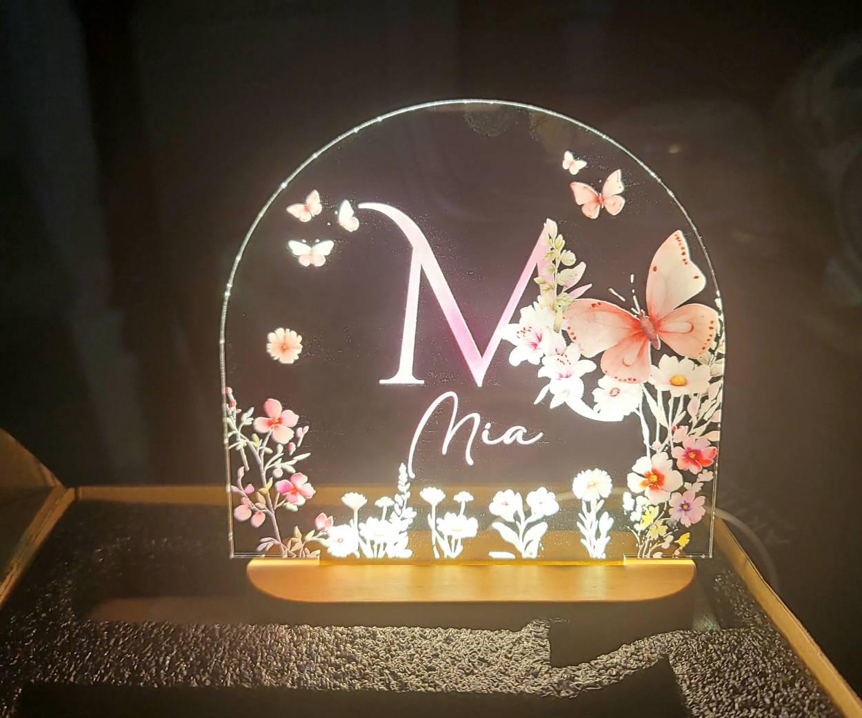 Personalized Name Night Light, Butterfly Flower LED Lamp, Custom Acrylic Light with Wooden Base, Gift for Her, Bedroom Decor