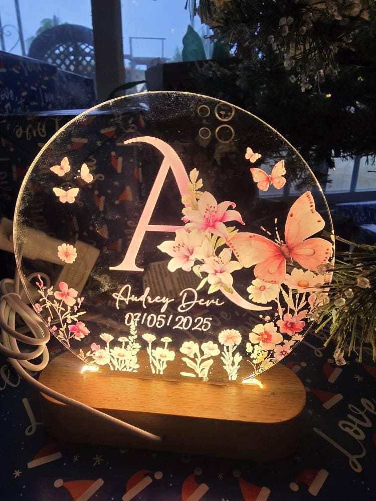 Personalized Name Night Light, Butterfly Flower LED Lamp, Custom Acrylic Light with Wooden Base, Gift for Her, Bedroom Decor