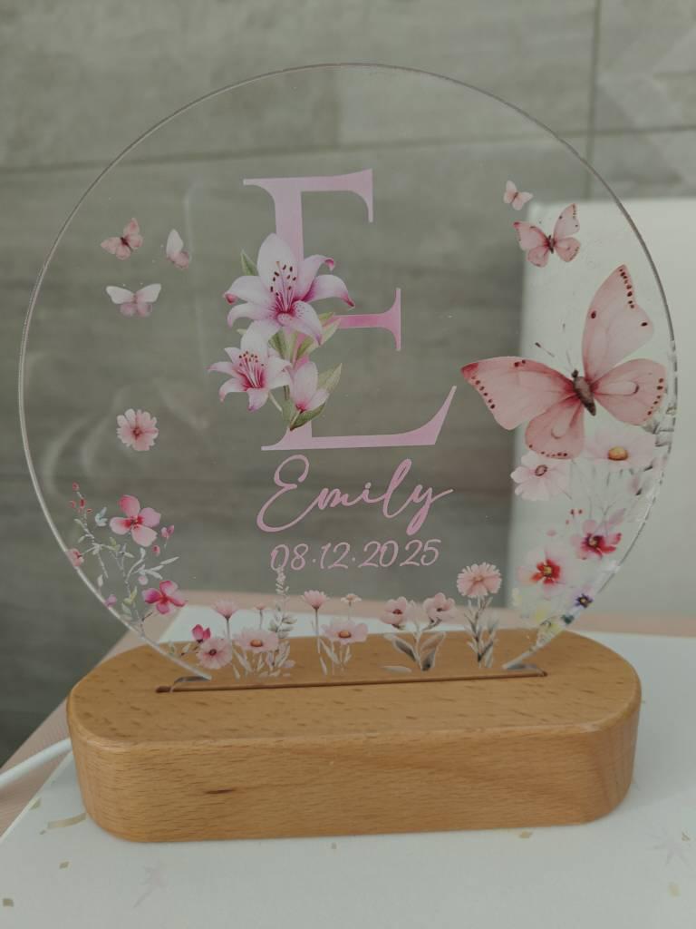 Personalized Name Night Light, Butterfly Flower LED Lamp, Custom Acrylic Light with Wooden Base, Gift for Her, Bedroom Decor