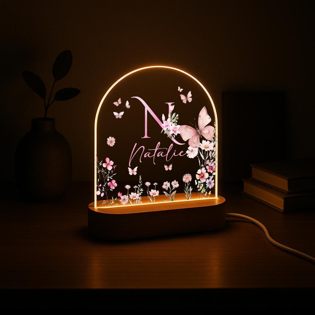 Personalized Name Night Light, Butterfly Flower LED Lamp, Custom Acrylic Light with Wooden Base, Gift for Her, Bedroom Decor