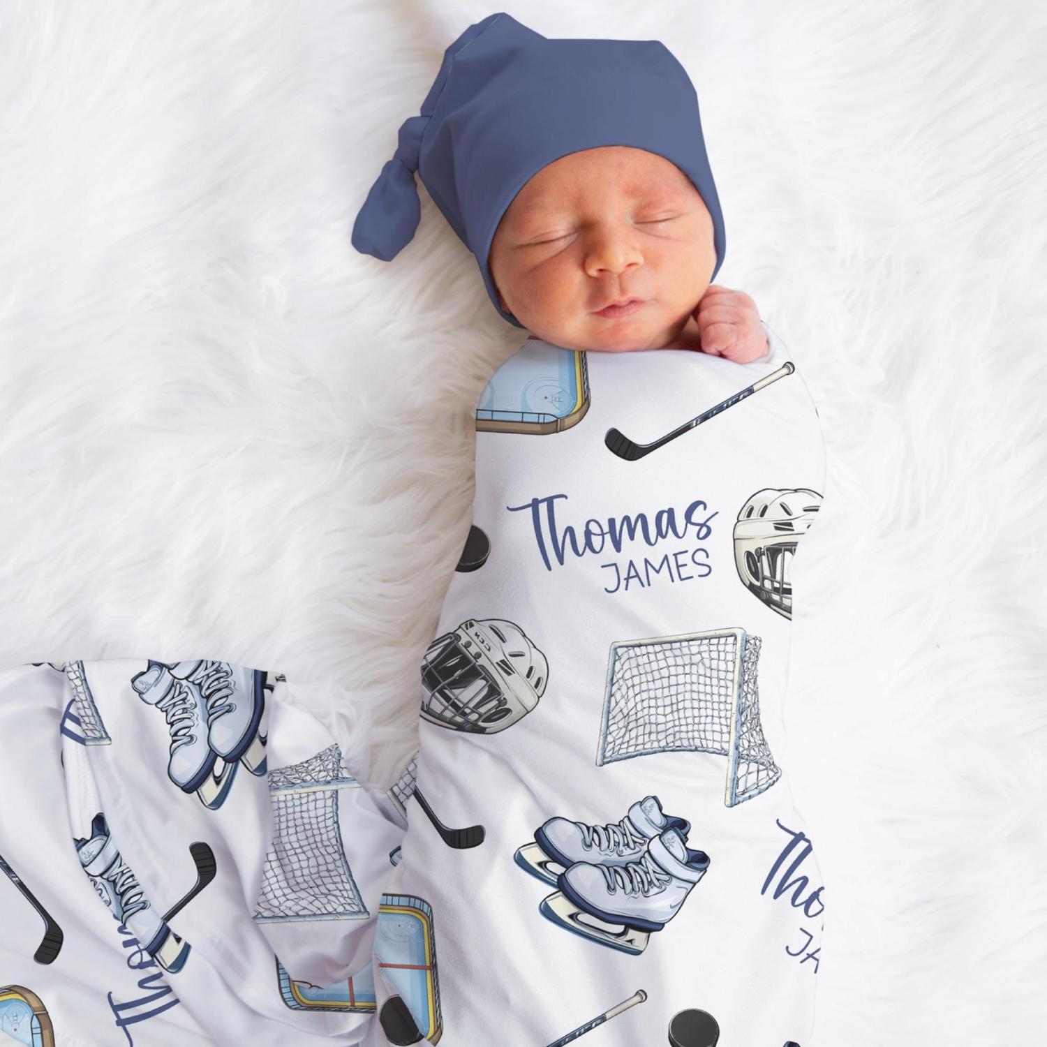 Personalized Hockey Swaddle Blanket For Baby Shower, Custom Sport Newborn Baby Boy Gift, Hockey Toddler Name Blanket, Coming Home Outfit