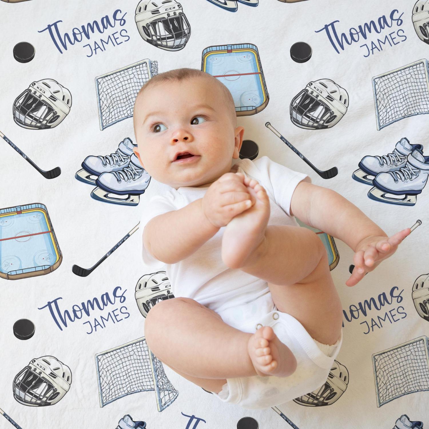 Personalized Hockey Swaddle Blanket For Baby Shower, Custom Sport Newborn Baby Boy Gift, Hockey Toddler Name Blanket, Coming Home Outfit