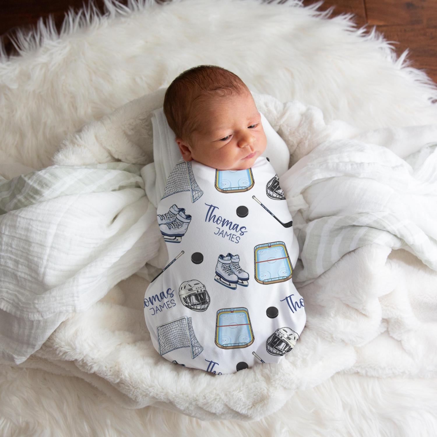 Personalized Hockey Swaddle Blanket For Baby Shower, Custom Sport Newborn Baby Boy Gift, Hockey Toddler Name Blanket, Coming Home Outfit