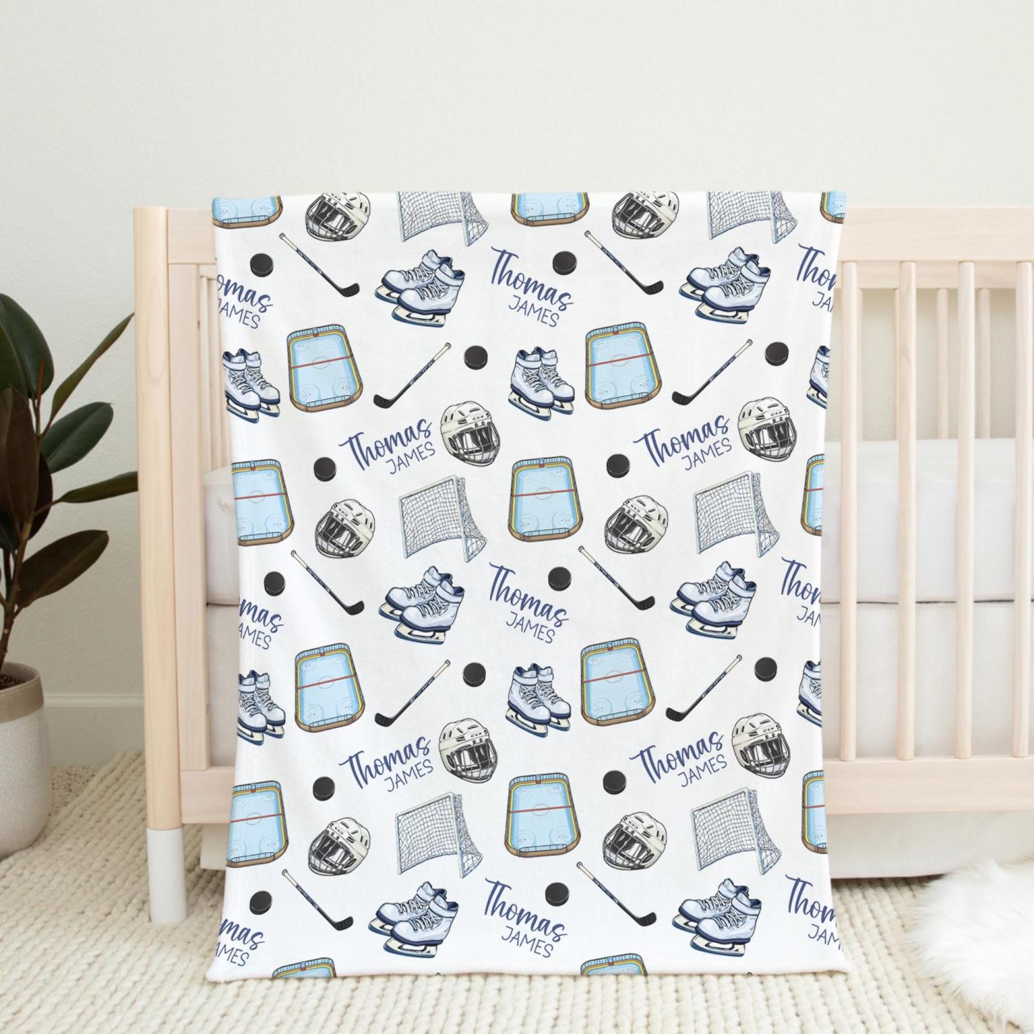 Personalized Hockey Swaddle Blanket For Baby Shower, Custom Sport Newborn Baby Boy Gift, Hockey Toddler Name Blanket, Coming Home Outfit