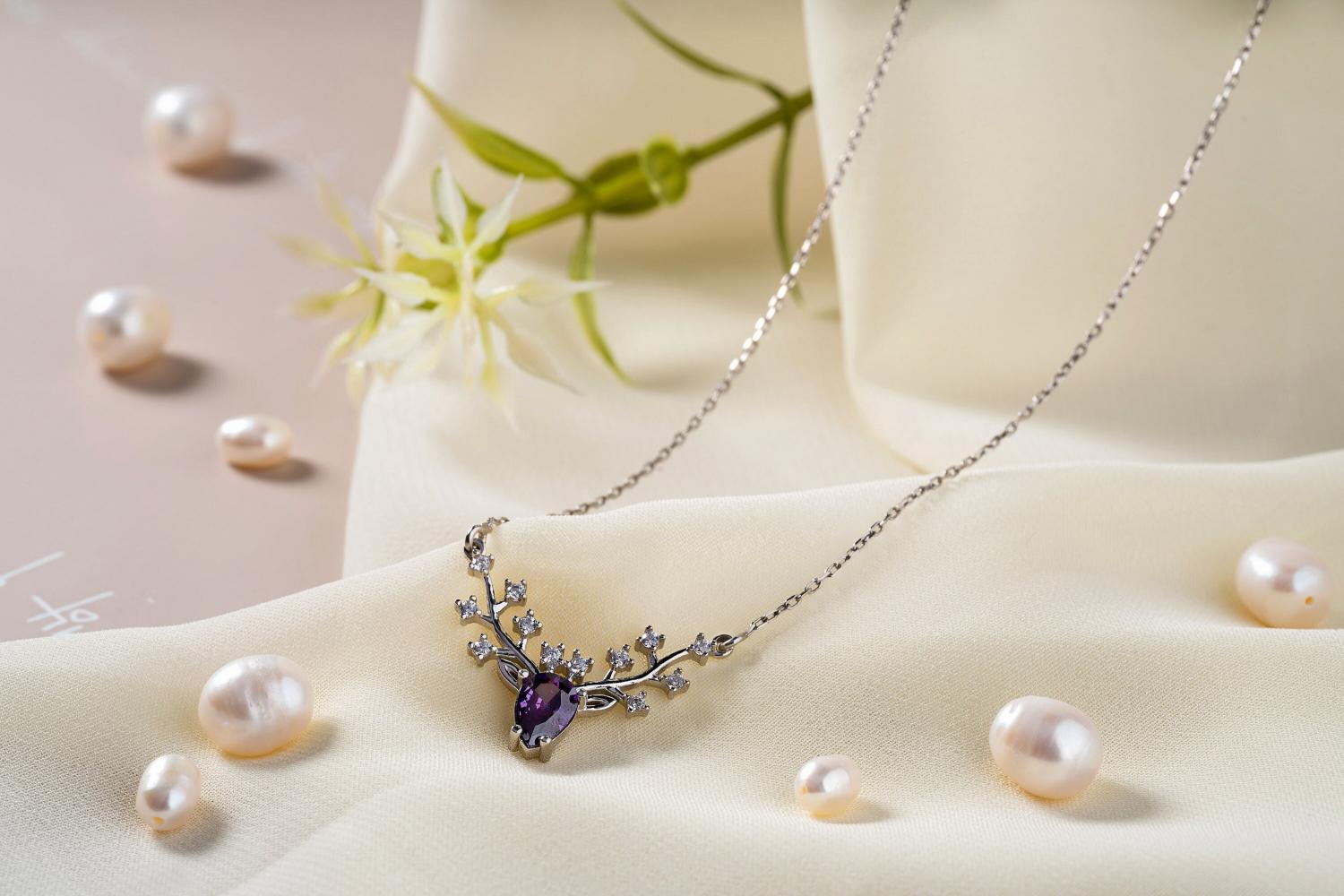 Personalized Birthstone Deer Antler Necklace • Sterling Silver Diamond Accent  • Custom Wildlife Antler Pendant • Gift for Deer Lovers